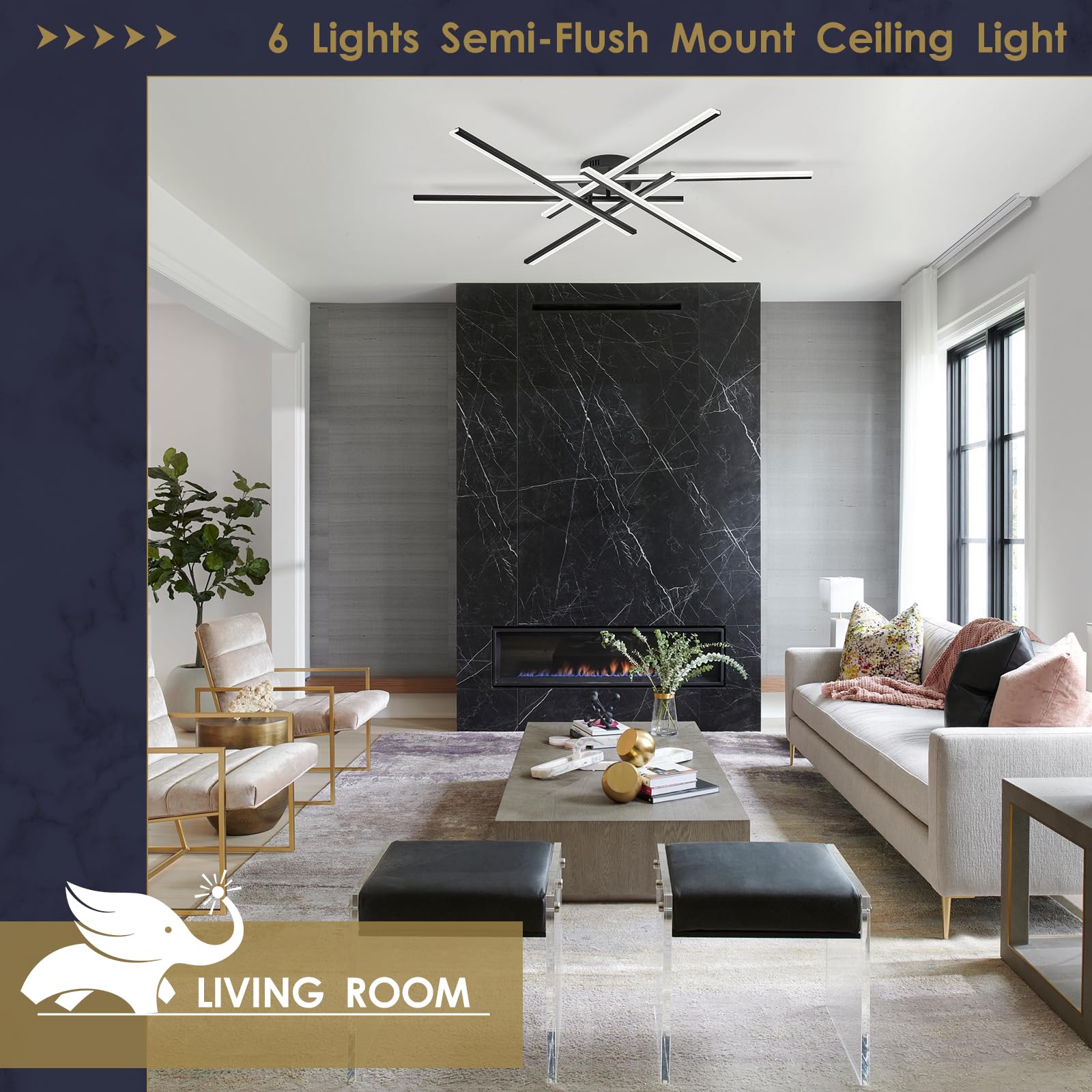 Airyphant Modern Led Chandelier With Remote Control  6-Lights Black Semi-Flush Mount Ceiling Lighting Fixture For Living Room  Bedroom  Dining Room 60W