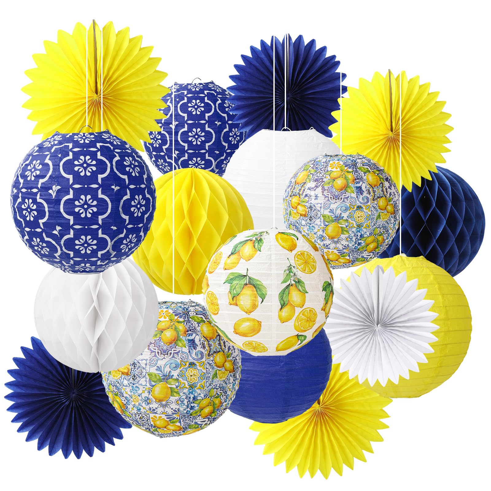 Jarthenaamcs 18 Pcs Capri Lemon Hanging Lantern Kit Paper Lantern With Blue Yellow White Honeycomb Ball Paper Fan Summer Mediter