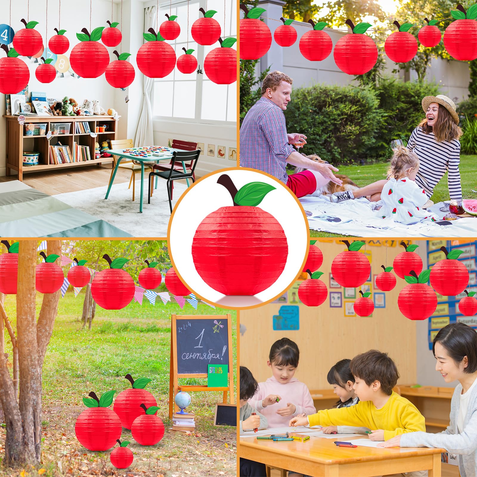 15Pcs Classroom Decor Red Apple-Shaped Paper Lanterns Back To School Decorations Hanging For First Day Of School Fruit Themed Party Home Decoration