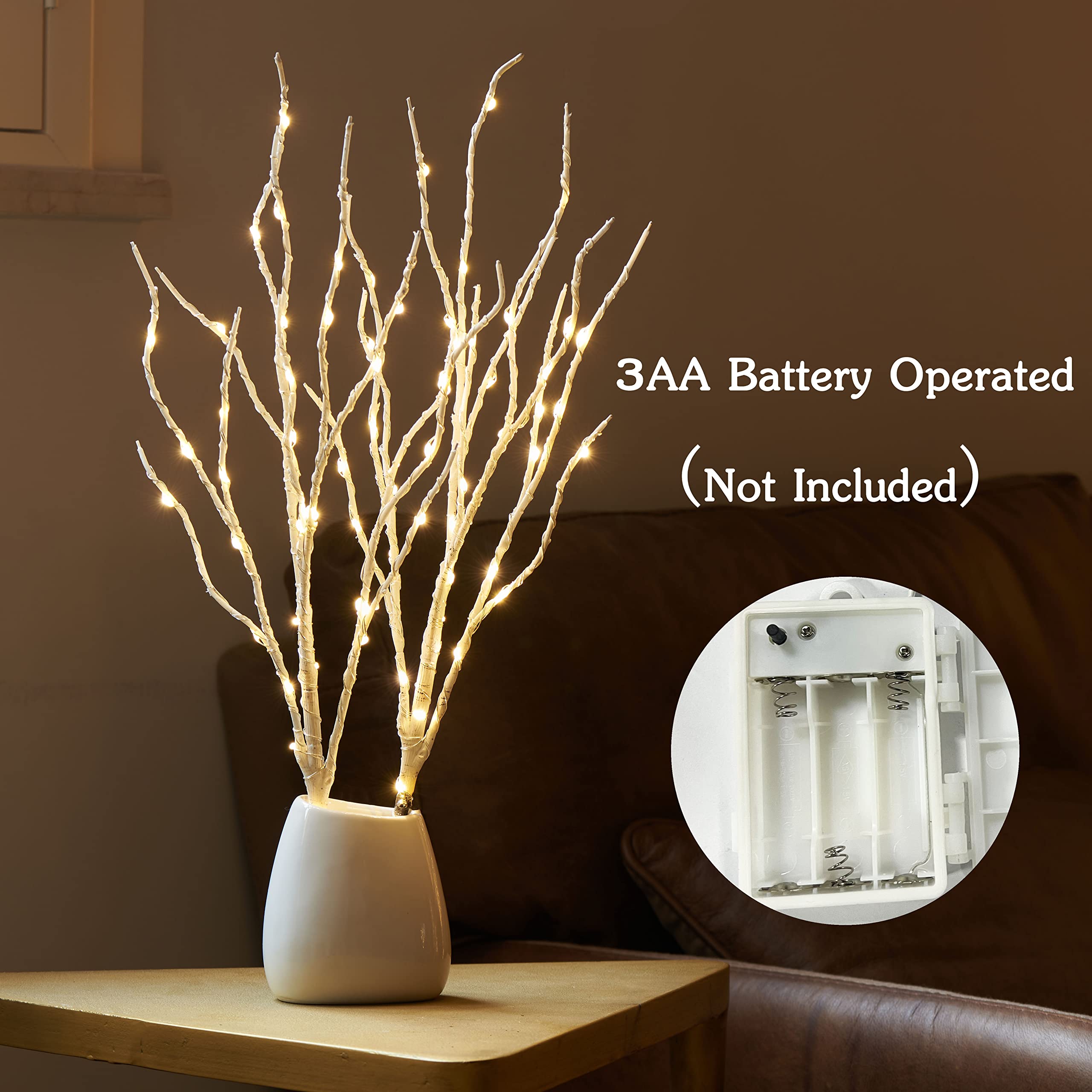 Baolitvine Lighted Birch Branches With Timer 70 Fairy Lights 18In, Twig Lights For Indoor Outdoor Home Christmas Wedding Vase Decorations