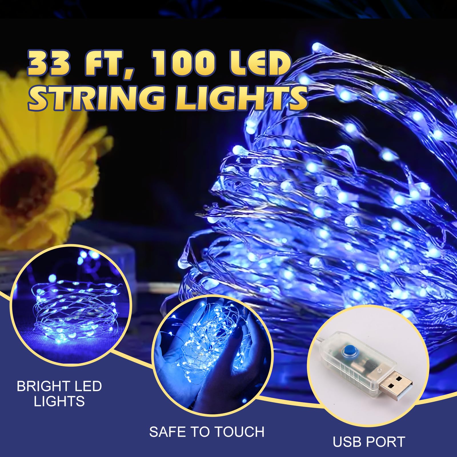 Ehome String Lights, Usb Fairy Lights Plug In 33 Ft 100 Led Twinkle String Lights Silver Wire Lights With Remote And Timer 8 Modes Outdoor Indoor Waterproof Starry Lights Diy Party Wedding, Blue