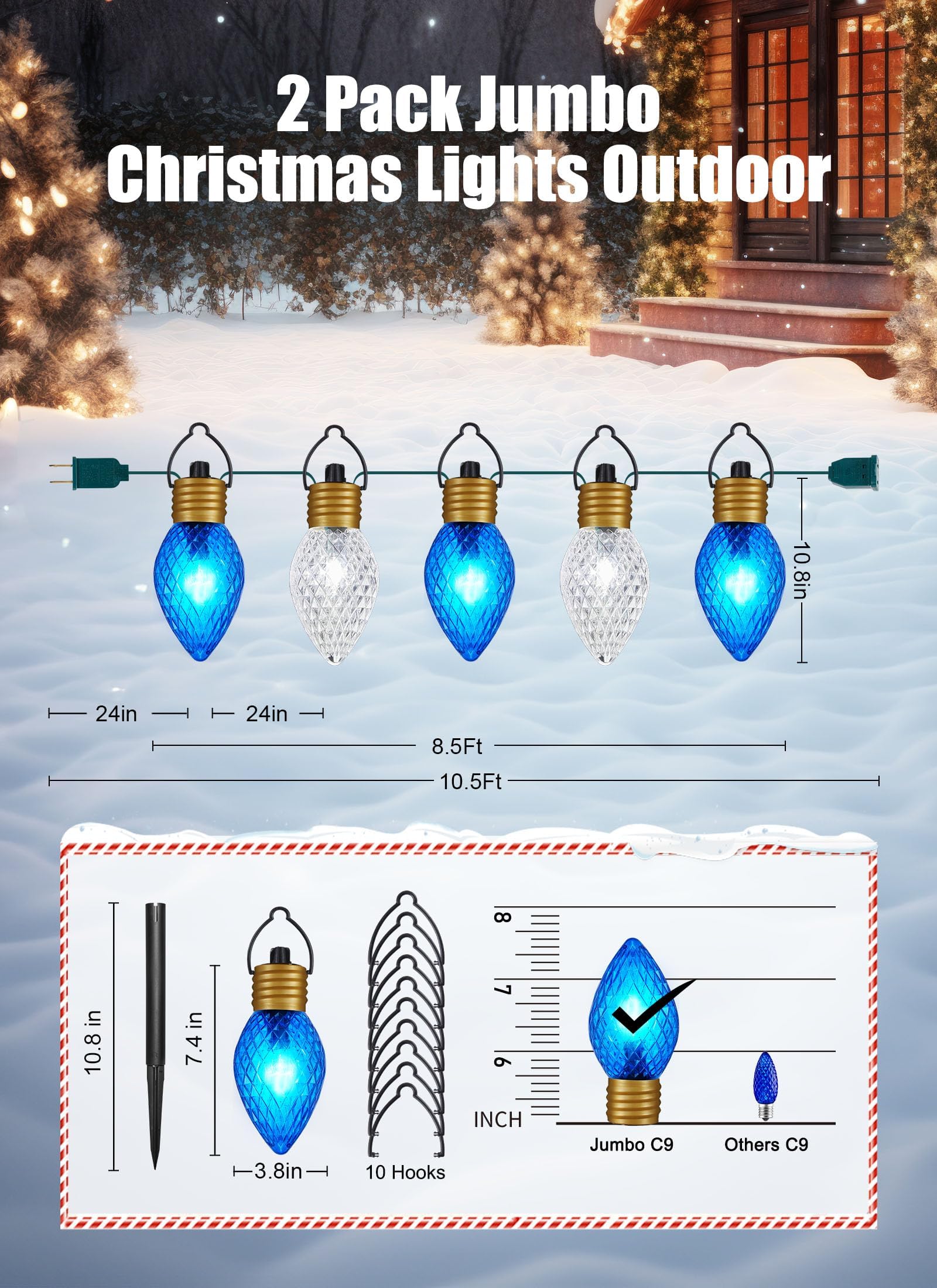 Brightown Jumbo Outdoor Christmas String Lights - 2 Pack Waterproof Pathway Marker Lights, Blue & Cool White Bulbs, Model GY-C-50.6-U-B1