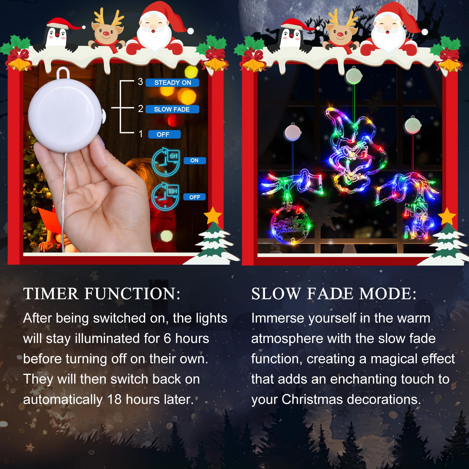 FASISOY Christmas Decorations 3 Pack Multi-Color Christmas Window Lights with Suction Cup, Battery Operated Christmas Lights, Sl