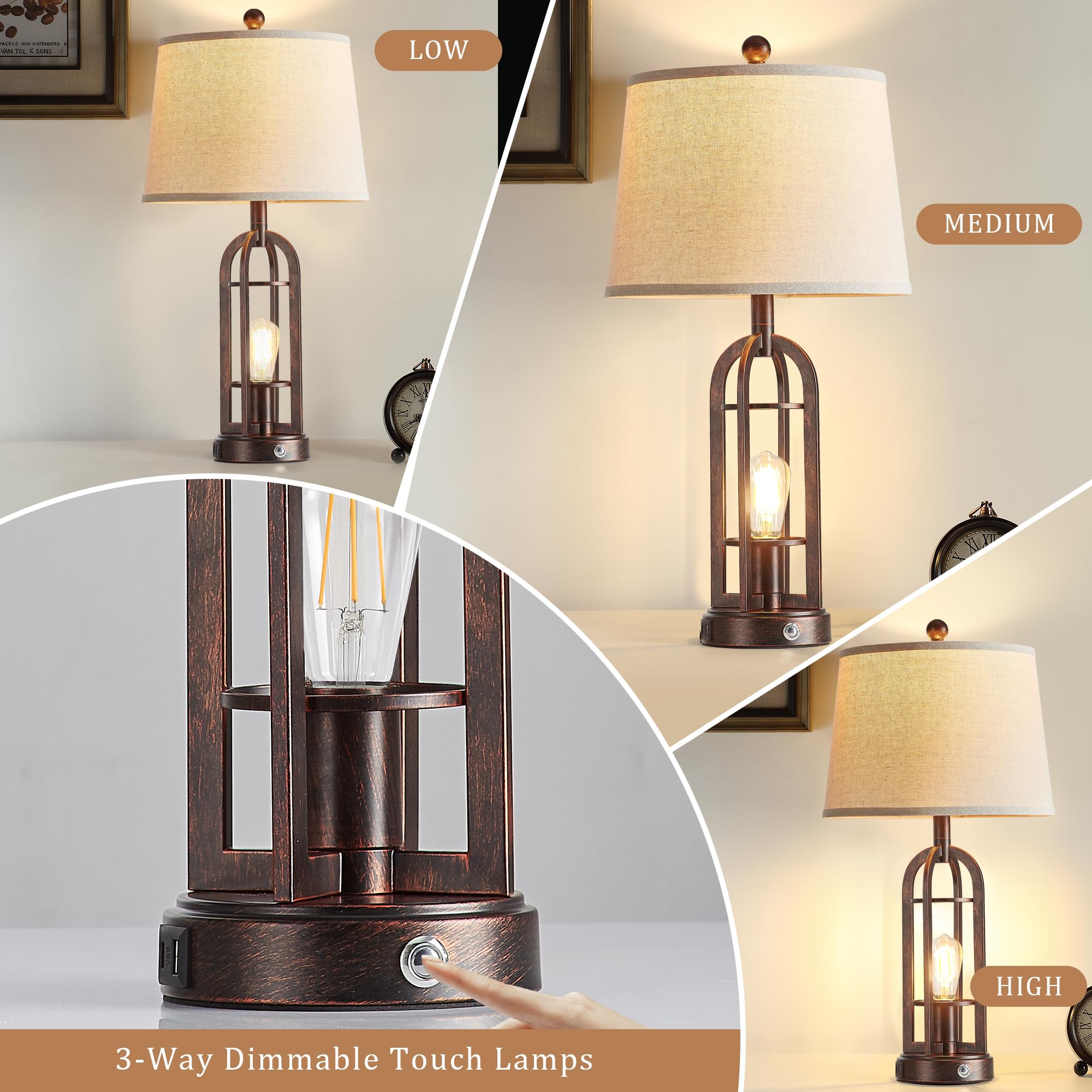 Srjja Farmhouse Table Lamps For Living Room Set Of 2, Industrial 3-Way Dimmable Touch Bedside Lamps With Usb A+C For Nightstand