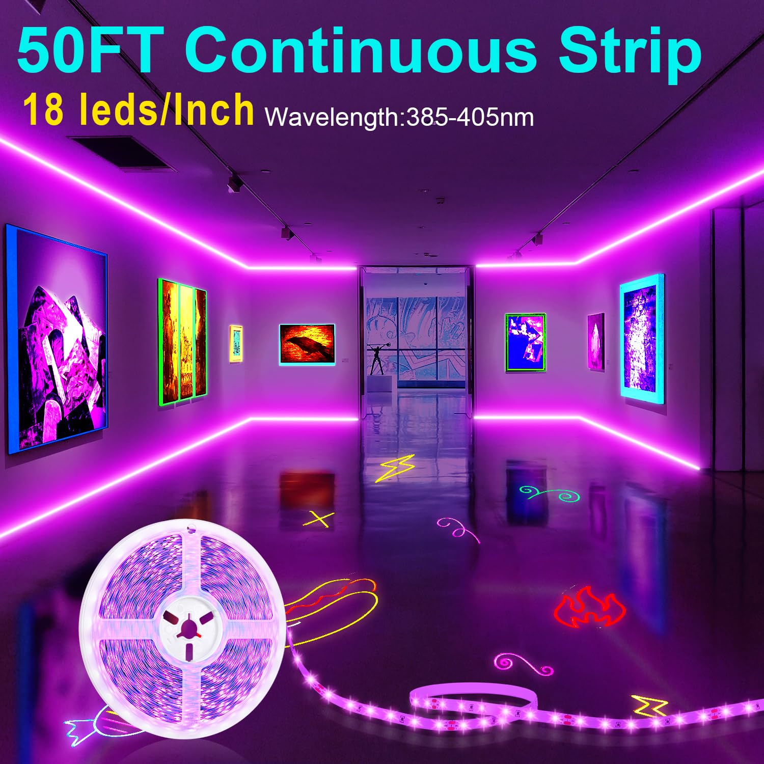 Tendist 50Ft Black Light Led Strip App Control, Black Light For Glow Party With Remote, Smart Purple Neon Blacklight Strip Light
