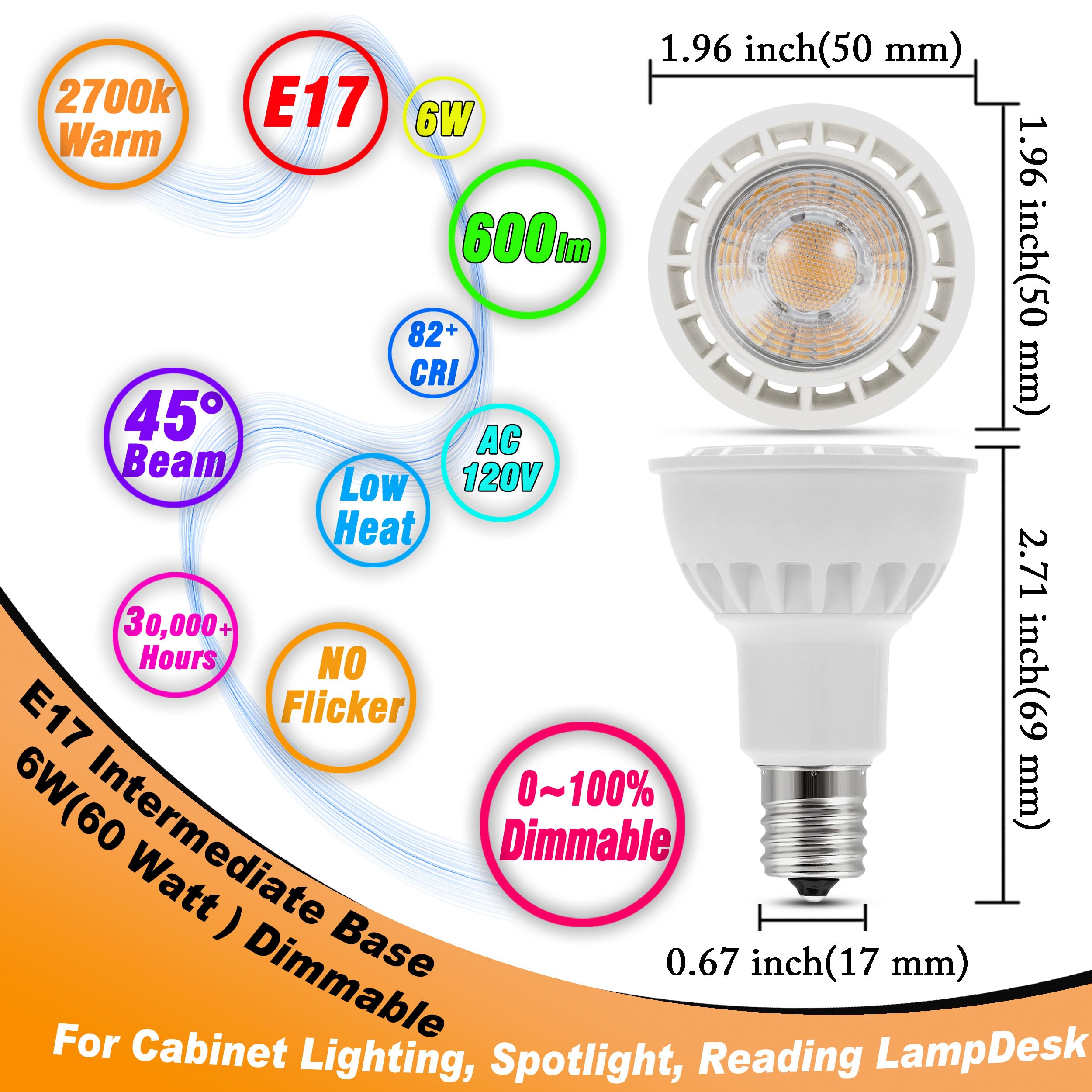 Heifymi E17 LED Bulb 6W Dimmable Warm White 2700K 600 Lumen Reflector Lamp, 3 Pack
