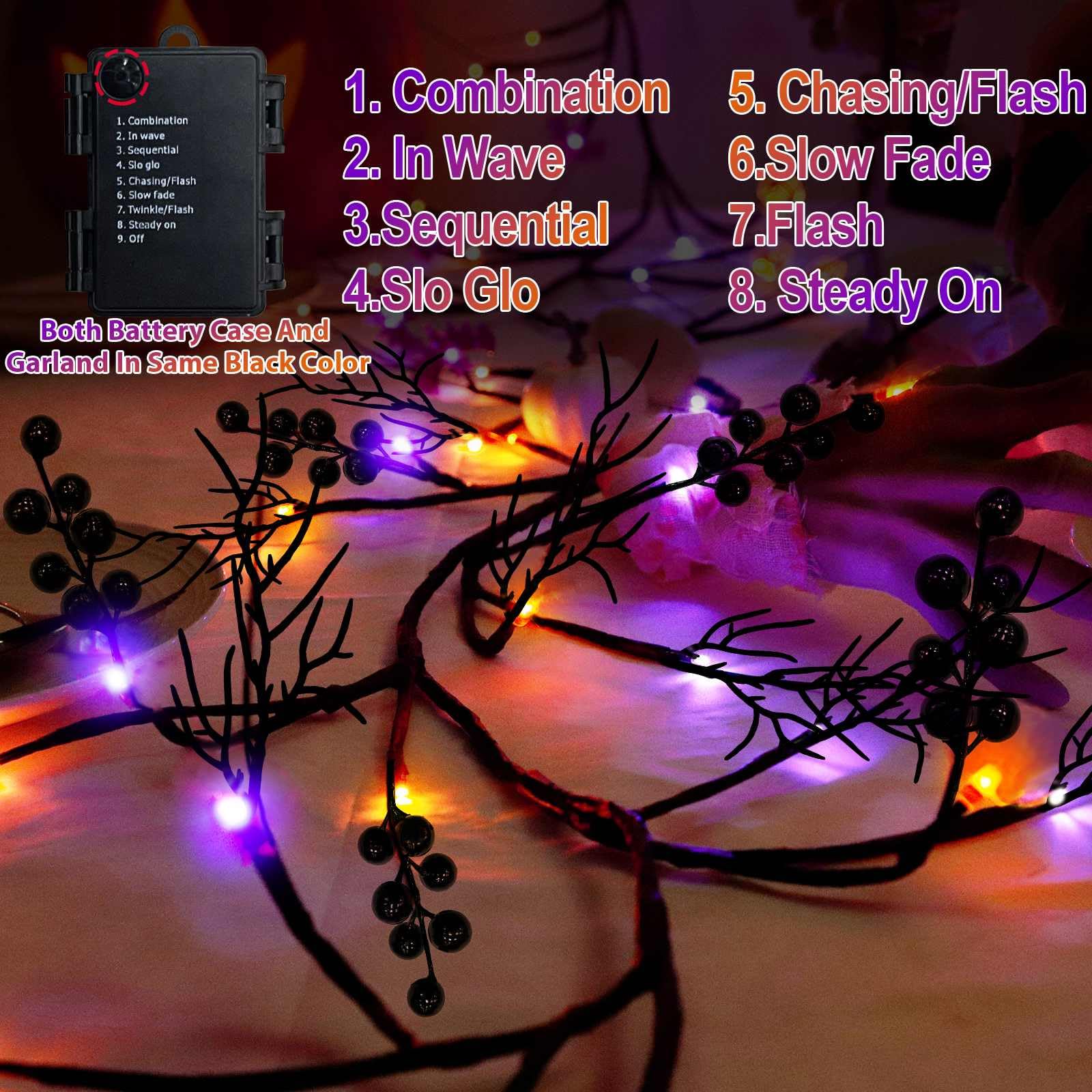 Turnmeon Extra Long 9 Ft 72 Led Orange & Purple Lights Halloween Garland Willow Vine Twig Decor Timer 8 Mode Remote Control Waterproof Battery Operated Halloween Decorations Indoor Home Wall Fireplace