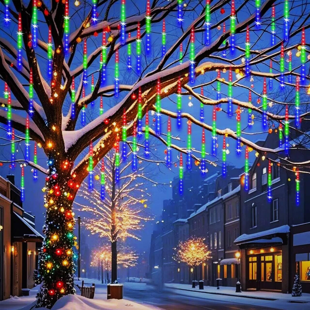 Weepong Meteor Shower Outdoor Christmas Lights 32 Tube 768LEDs Snow Falling Rain Cascading Icicle Light for Christmas Halloween Tree Decorations Wedding Party Garden Decor  UL Plug Multi Color