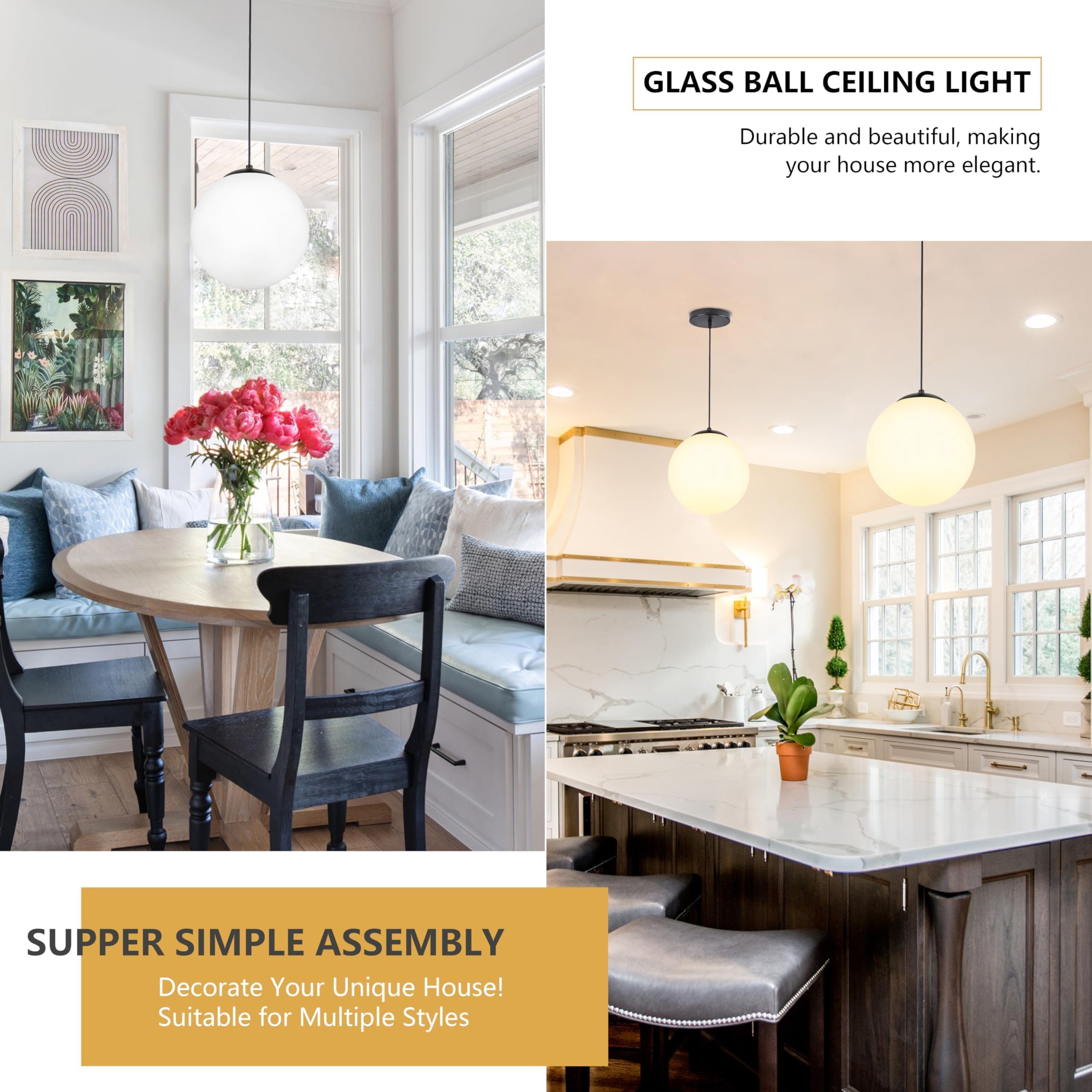 Koko&Yukina 10&quot; Globe Pendant Light - Black Mid Century Fixture With Opal Glass For Dining Room