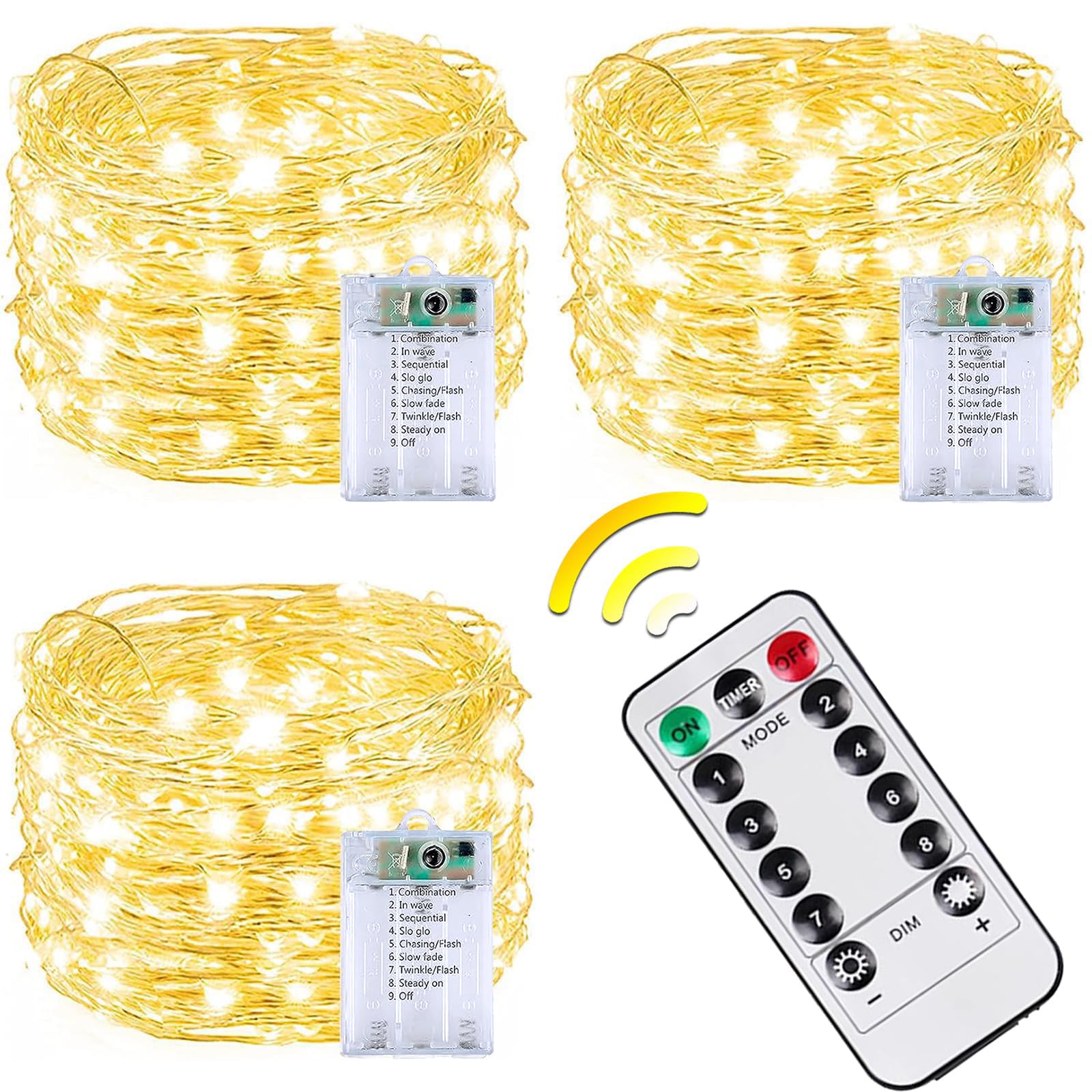 BOSSERN 3 Pack 60LED Fairy Lights with Remote, 8 Modes, Timer, Dimmable, Waterproof, Warm White
