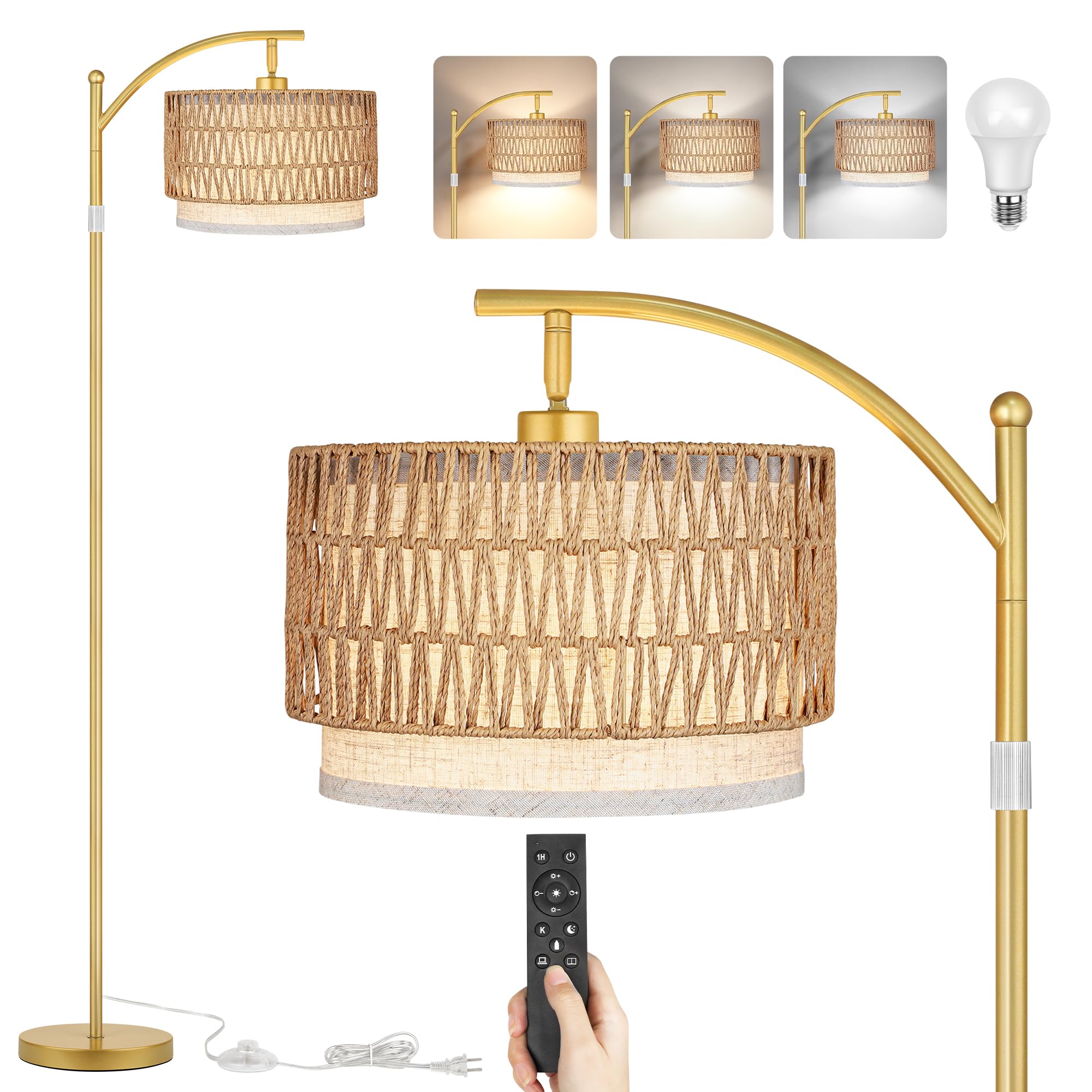 ROTTOGOON Rattan Floor Lamp, Boho Iron Arc Lamp with Linen Shades, Medium Size, Gold & Brown, Model ROFP100AJ1