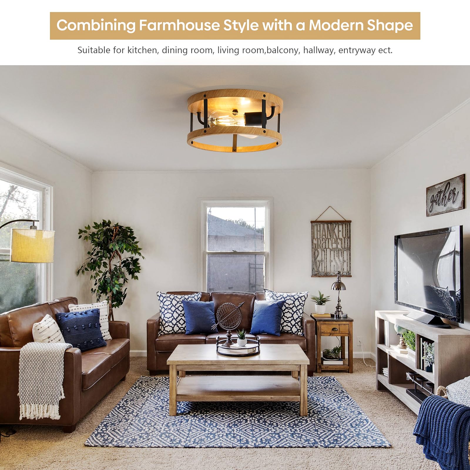 Eietonte Flush Mount Ceiling Light Fixture, 11Inch 2-Light Drum Close To Ceiling Lighting, Rustic Black Metal And Wood E26 Base