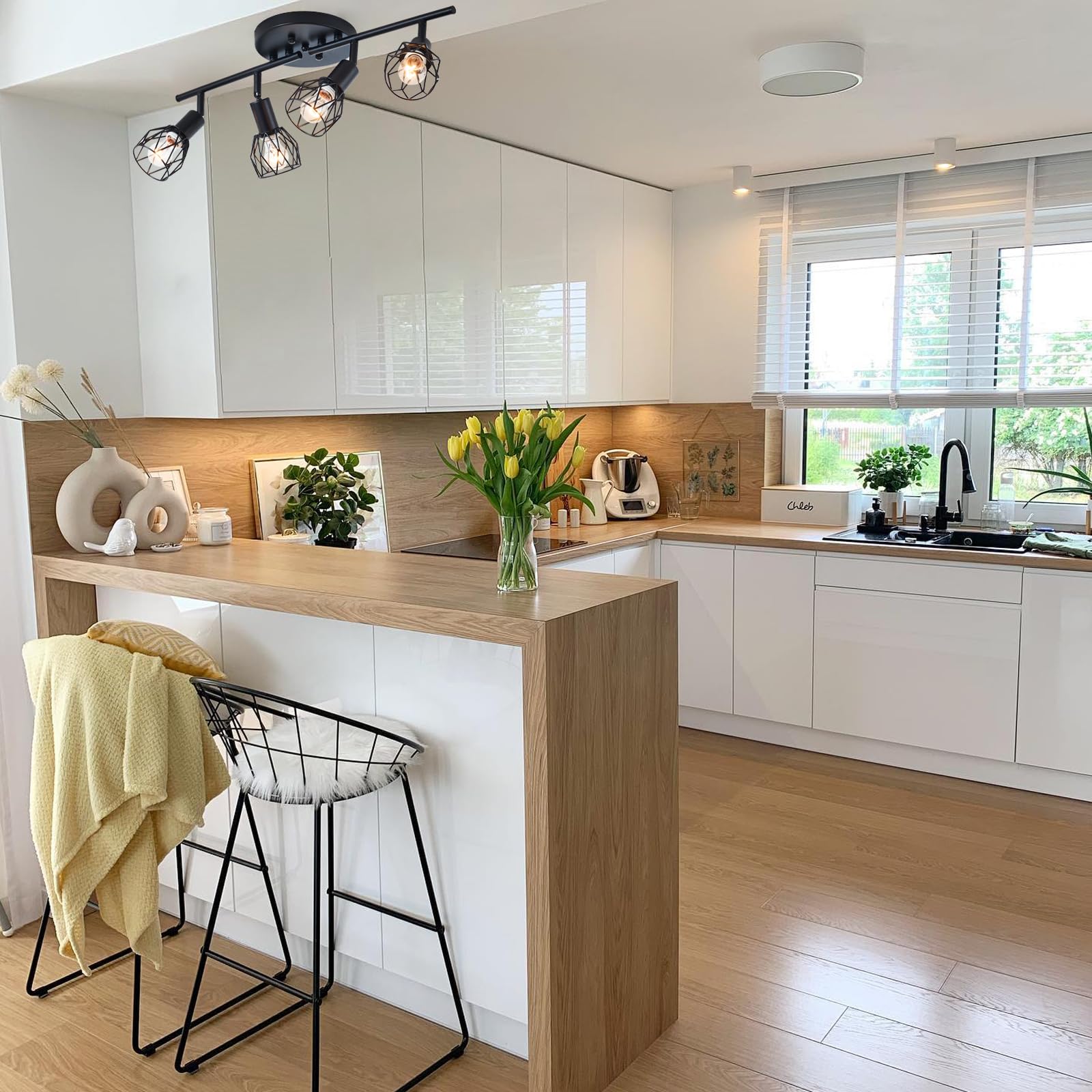 Track Lighting Kit  4-Light Adjustable Multi-Directional Ceiling Light Fixtures  Vintage Black Metal Wire Cage Farmhouse Light Fixtures Ceiling Mount For Kitchen Dining Table Hallway Bathroom Bedroom