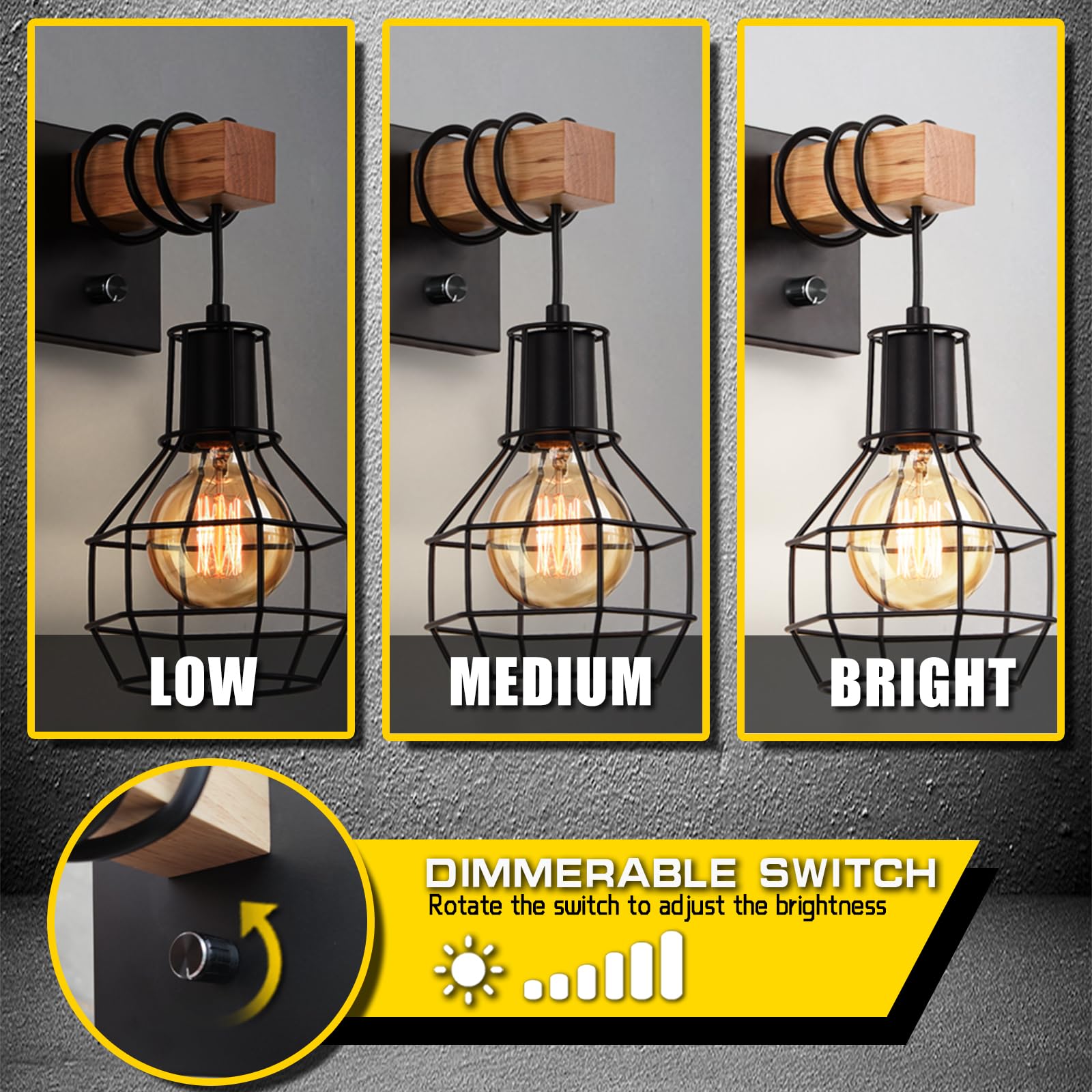 Lightess Industrial Wall Sconces Set of 2, Dimmer Switch, Metal Cage Shade, Black, 2 Pack, Model LG9951177