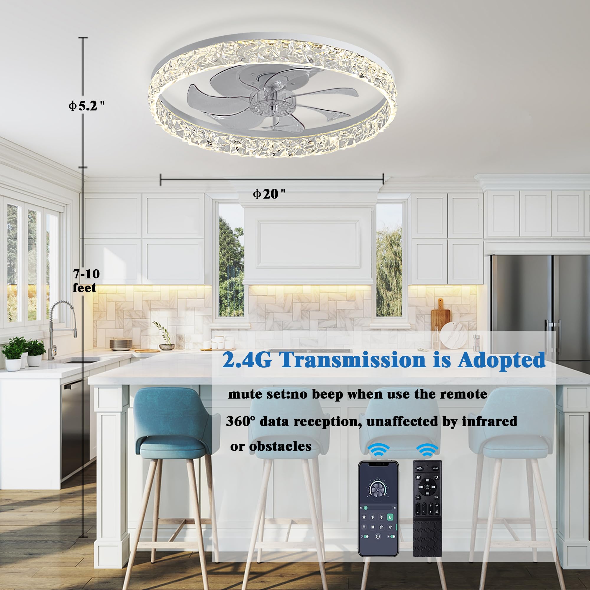 AQUBT Ceiling Fans with Lights and Remote, 19.7 Low Profile Ceiling Fan with Light, 3000-6500K Dimmable, Stepless Color Temperat