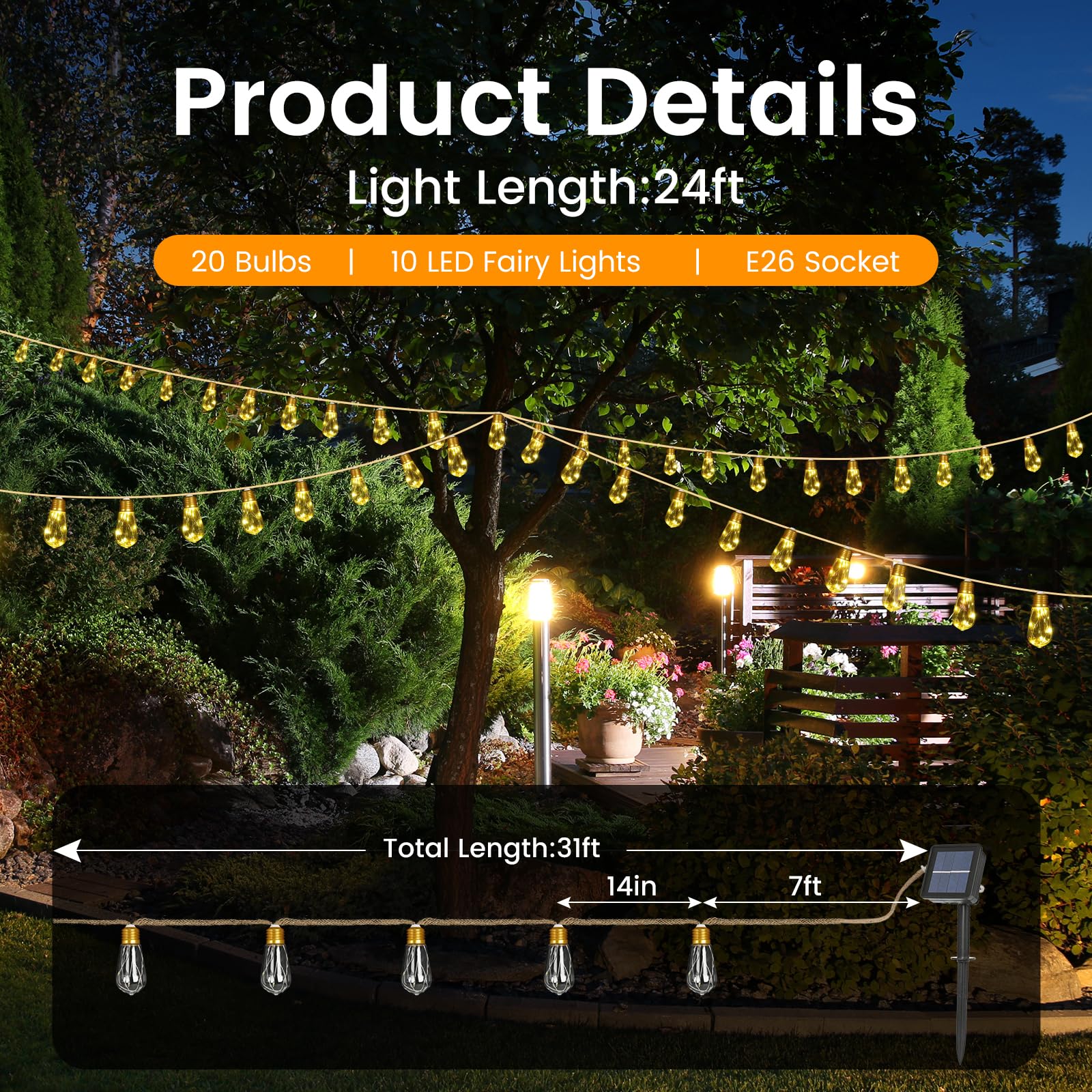 Solar Outdoor String Lights 24Ft Vintage Rope Hemp Solar Lights With 20 Shatterproof Bulbs,8 Modes Solar Powered String Lights With Memory Function,Waterproof For Fence,Yard,Camping(Warm White)