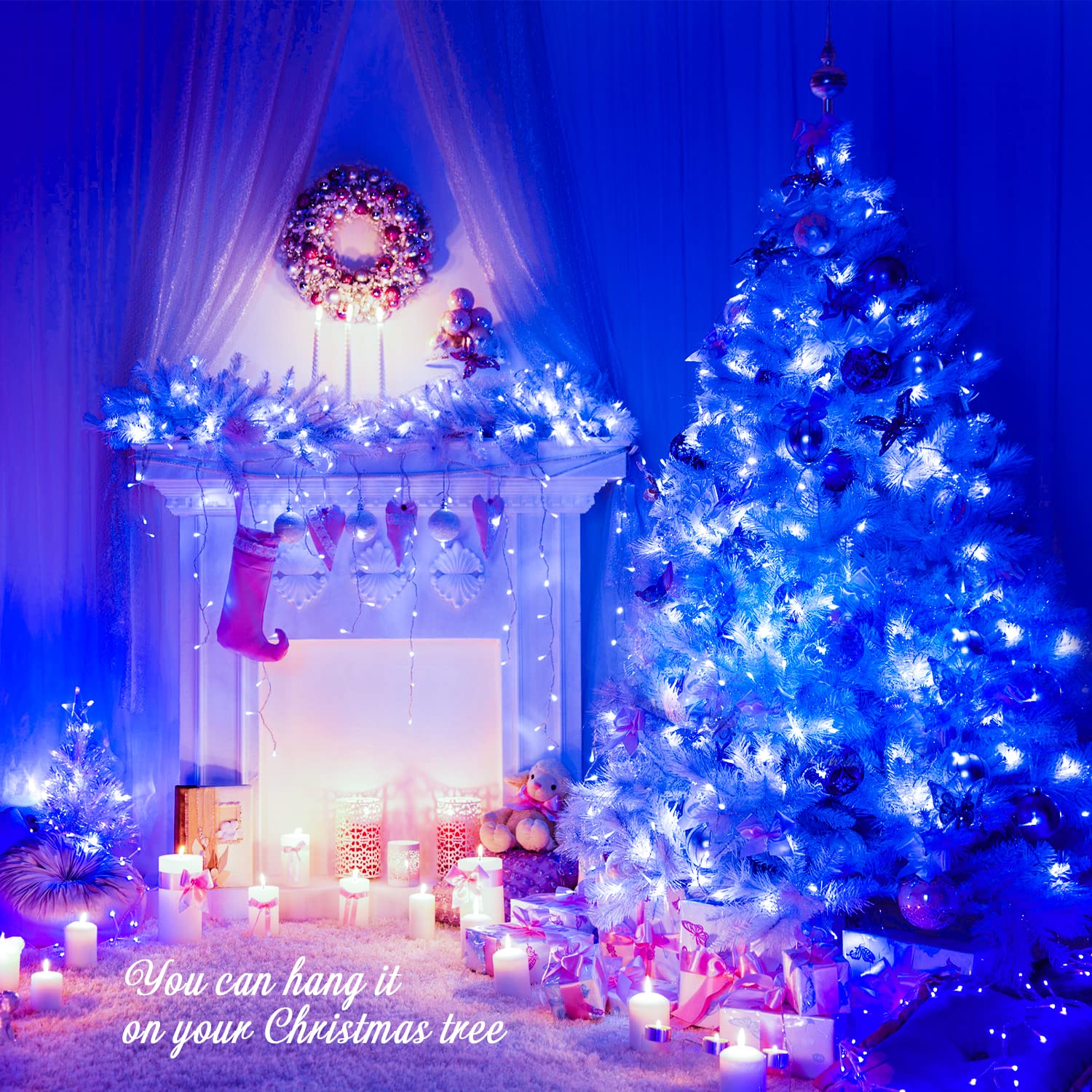 JMEXSUSS 100 LED Blue Christmas Lights, Clear Wire, 33ft, 8 Modes, Indoor/Outdoor, Model EXS-S-0100