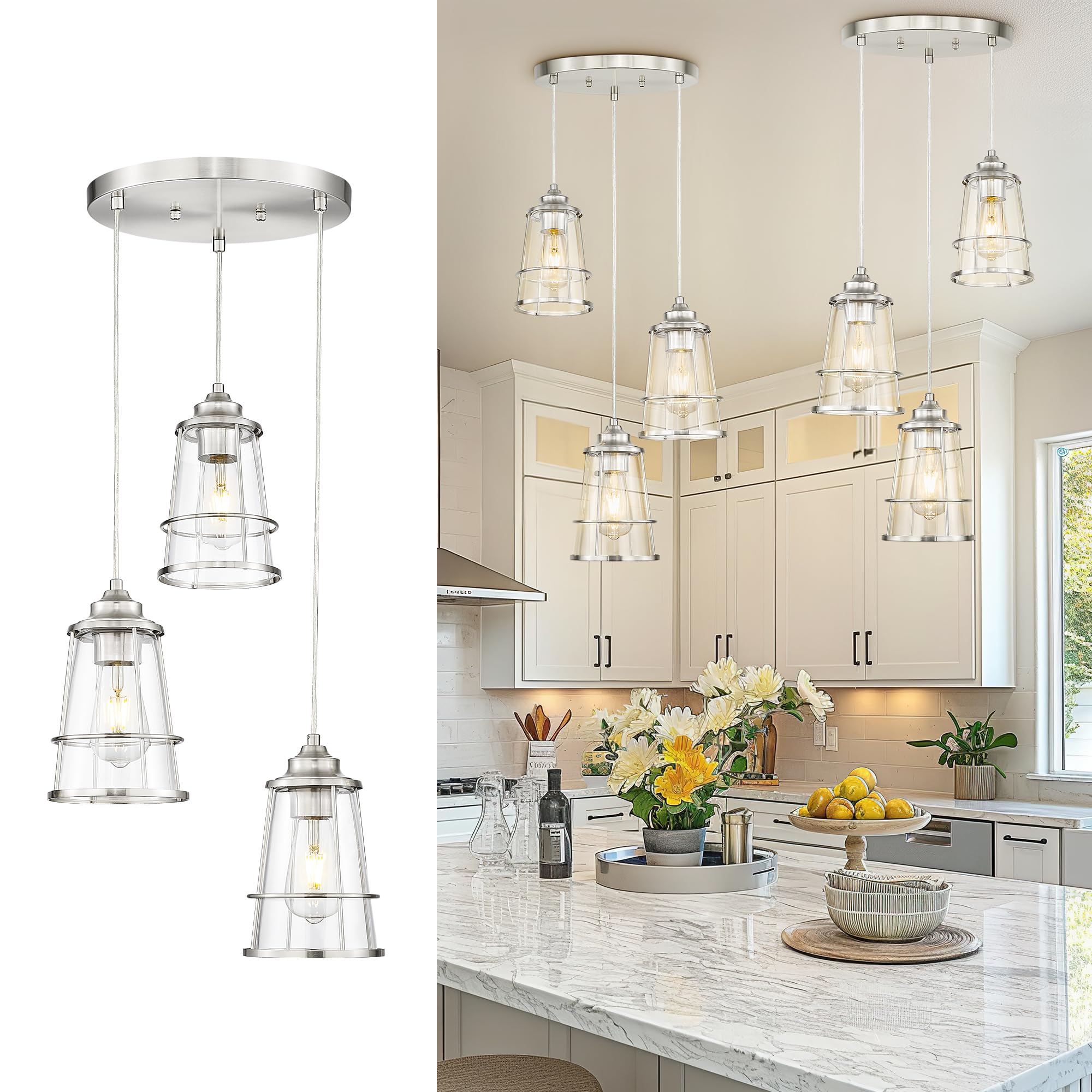JAZAVA Cluster Pendant Light, Cage Hanging Light Fixtutre with Clear Glass, 3-Light Kitchen Island Lighting for Dining Room Livi
