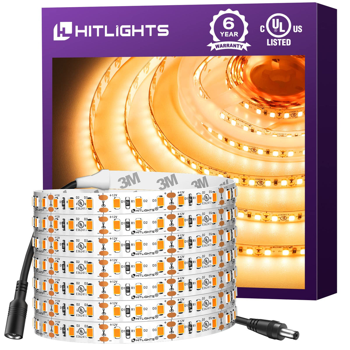Hitlights Led Strip Lights Warm White 2700K, 16.4Ft High Density Tape Light For Bedroom, 600 Leds/Reel, 300Lm/Feet, Ul-Listed, 1
