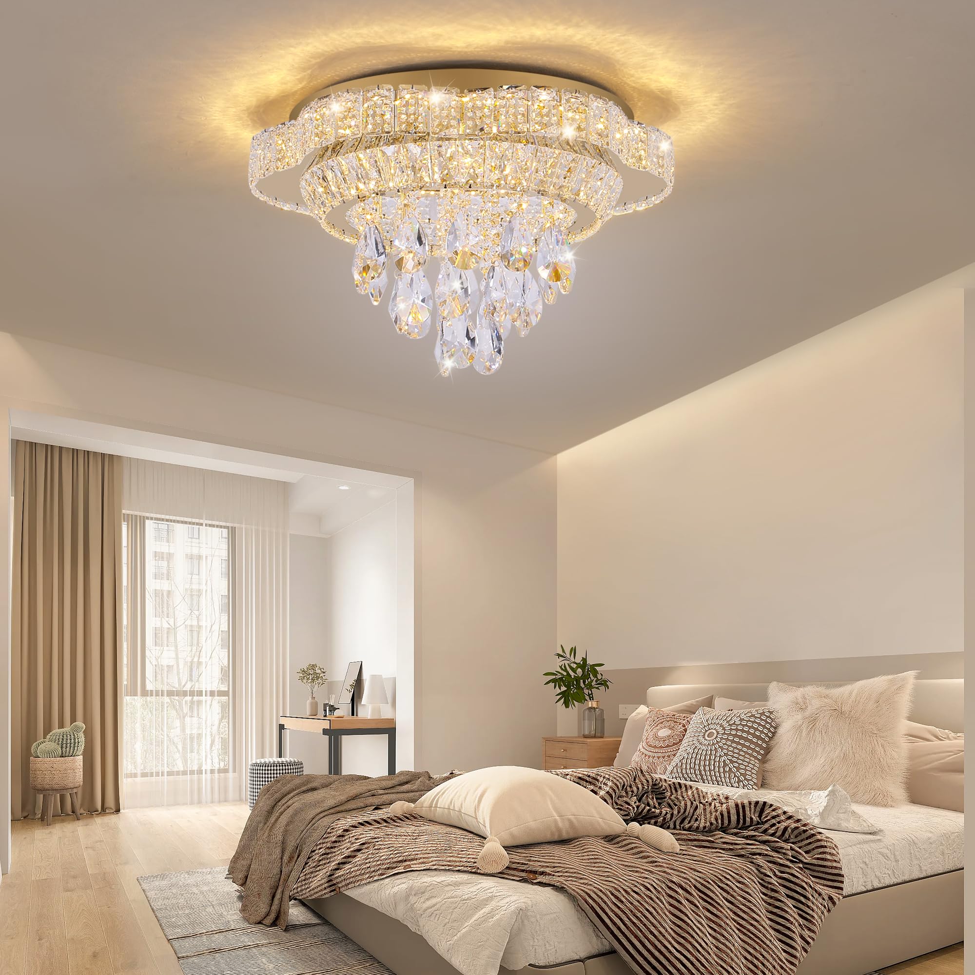 OSGNER 18" Gold Crystal LED Ceiling Light with Remote Control, Dimmable Flush Mount Chandelier for Living Room, Bedroom, Dining Room - Model X505-18-GD