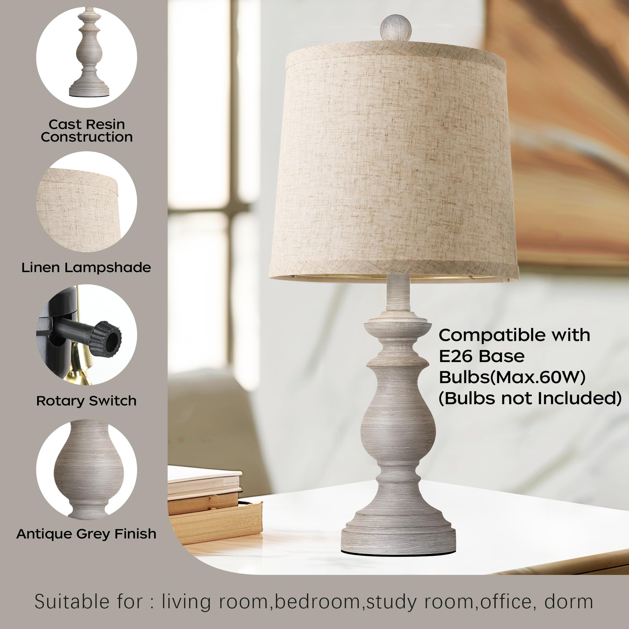 PARTPHONER Traditional Table Lamp Set of 2, 22in Antique Grey Vintage Lamps for Living Room Bedroom, Model STR-DL-0004