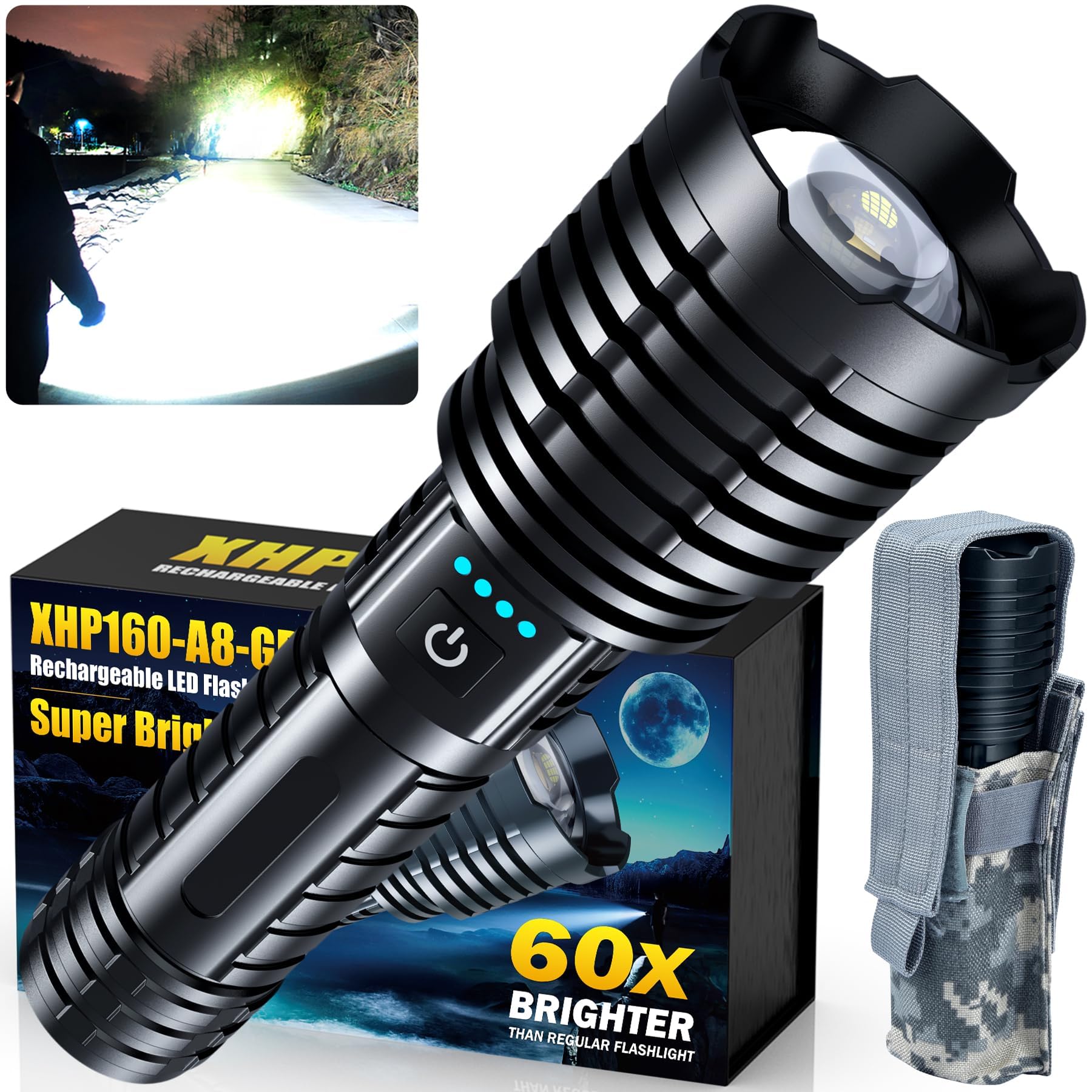 Super Bright Rechargeable Led Flashlights 2500000 High Lumens,Powerful Tactical Flashlight Up To 25H Long Battery Life|Zoomable|5Light Modes|Ip67 Waterproof,High Powered Flashlight For Camping Home