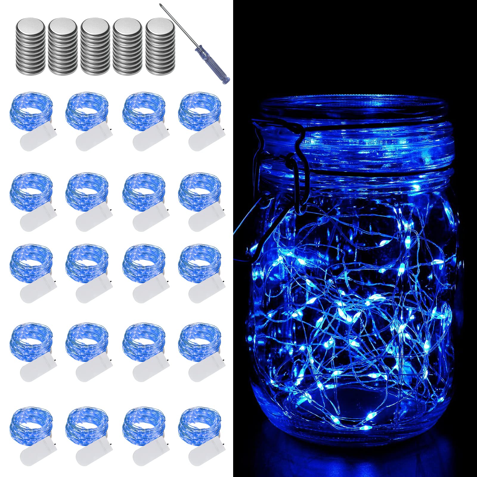 LAMPHOME 20 Pack Fairy Lights Battery Operated String Lights, 20 LED on 6.6FT Silvery Copper Wire,Battery Case,Blue(20 Sets - Each 20 Count LED)