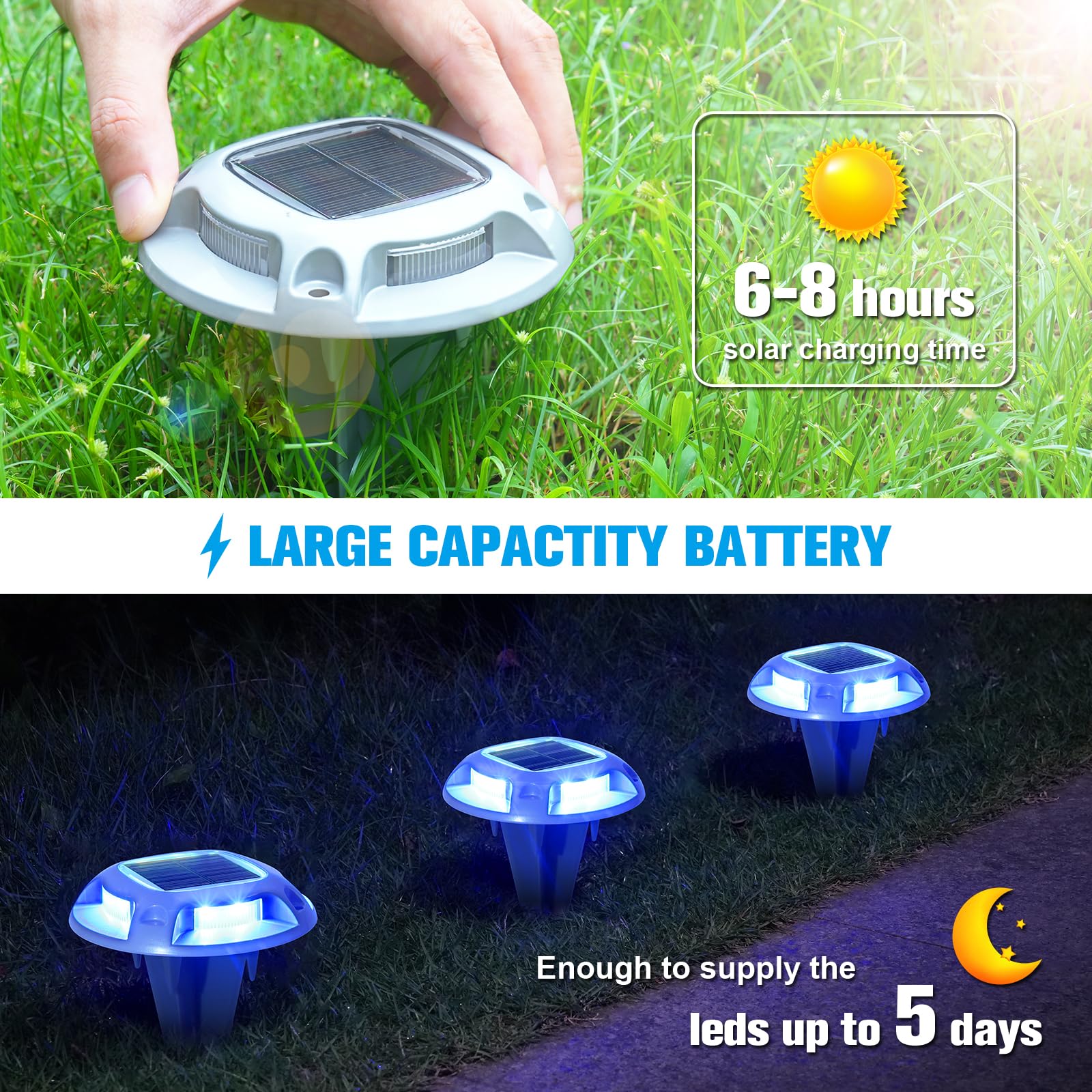 VOLISUN Solar Driveway Lights - 16 Pack, IP67 Waterproof, White/Blue, Model 21380ZM, Outdoor Deck and Pathway Lighting
