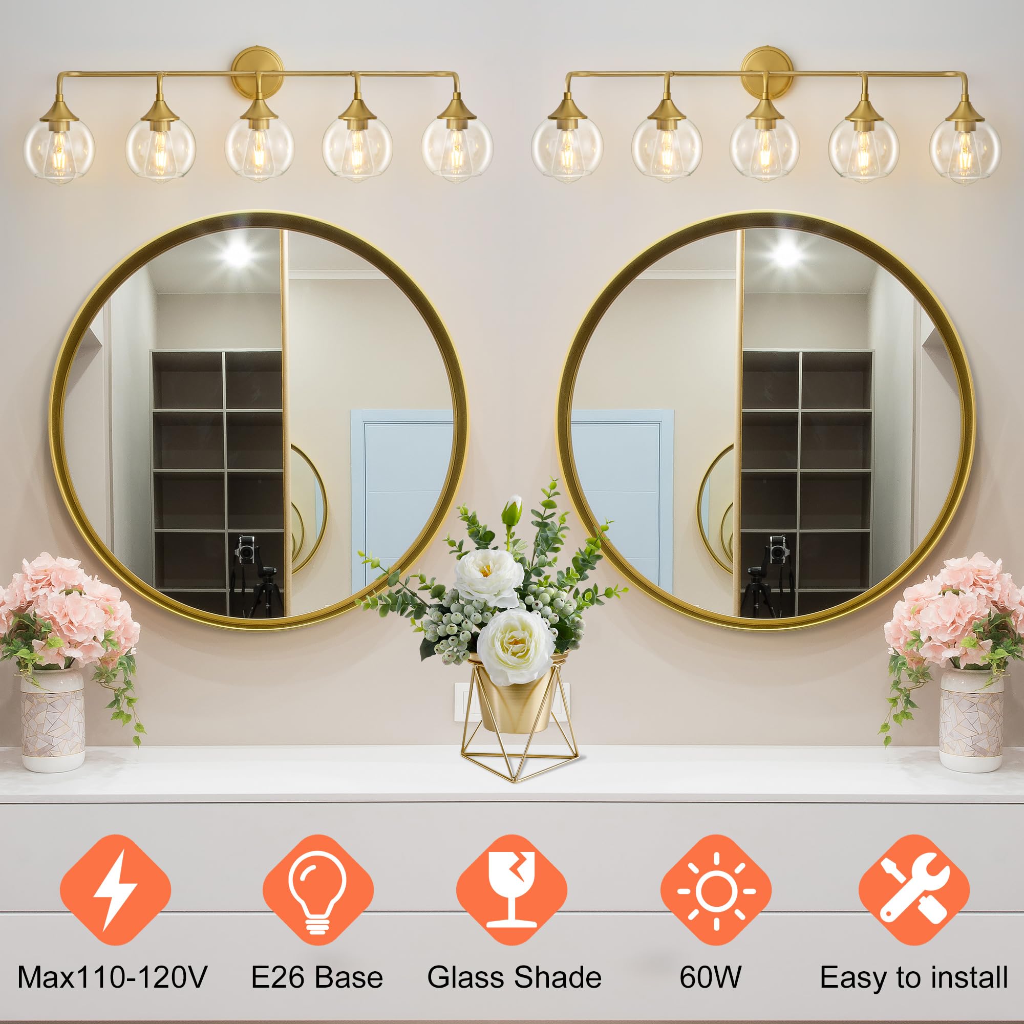 Gednbo Bathroom Vanity Lights, 5-Lights, Clear Glass Shade, Metal, 39 Inch, Gold, Model G1796 (Exclude E26 Bulb)