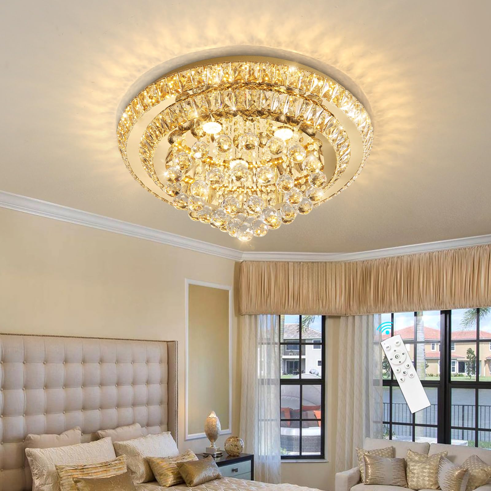 HAIXIANG Modern Glam Crystal Chandelier Dining Room Bedroom Ceiling Lights Chandelier with Dimmable Bulbs Ceiling Lighting Fixture 23.6 Inches Gold Light