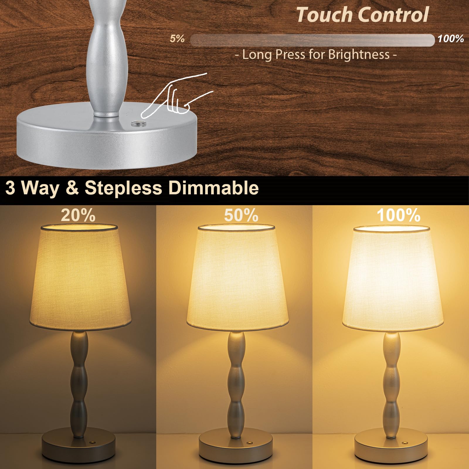 CASTLELIFE Portable Cordless Table Lamp, Touch Control, 3-Level Brightness, Metal, Silver, Model CL8433