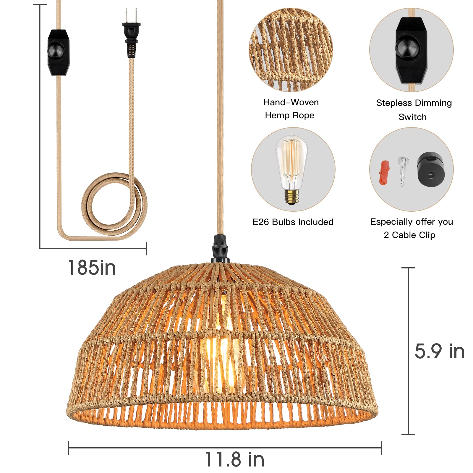 Plug in Pendant Light, Hanging Lights with 15ft Golden Cotton Cord & Stepless Dimming Switch, Handwoven Hemp Rope Lampshade, Boh