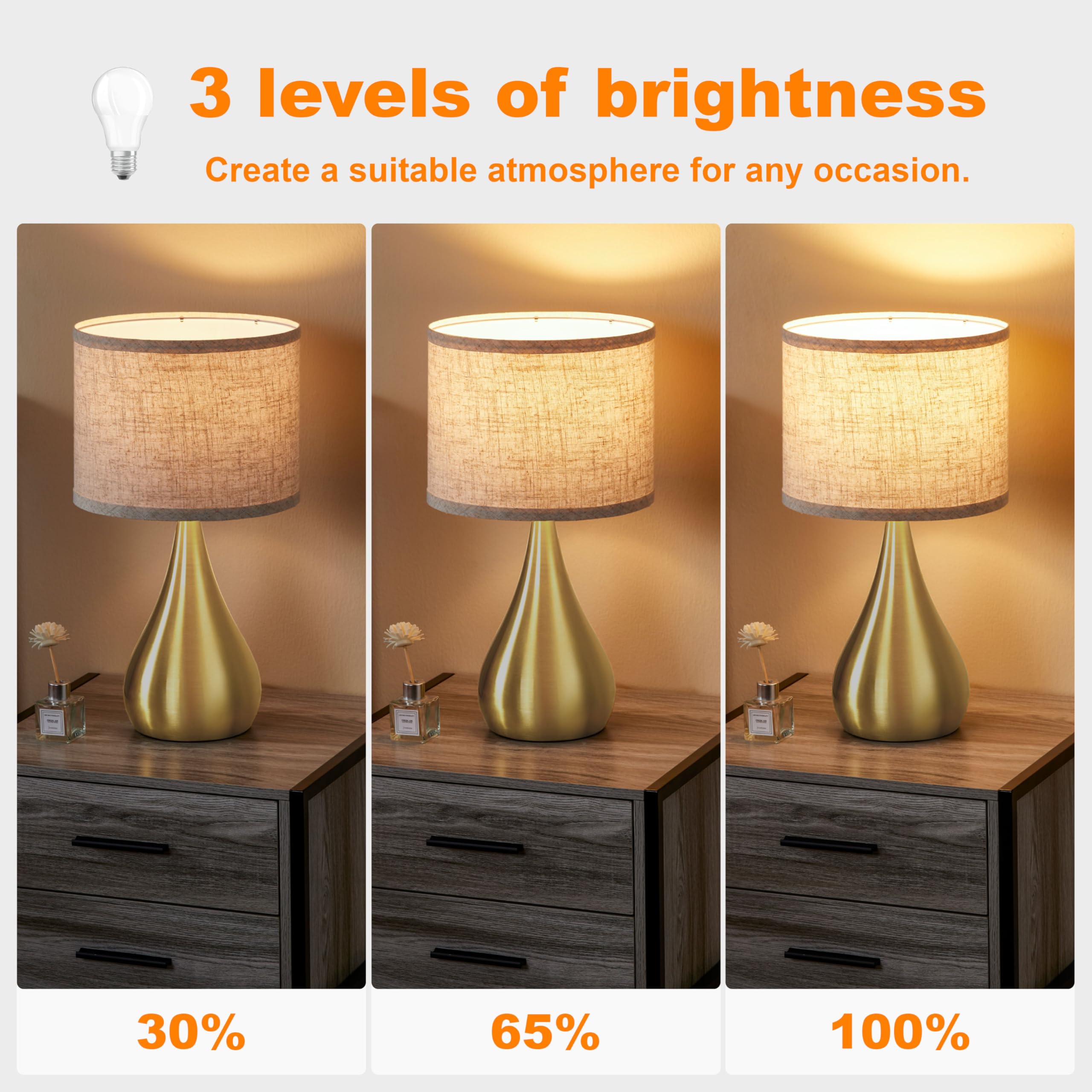 Leasgy Modern 18.1'' Touch Lamps Set of 2, 3-Way Dimmable, Gold Metal, Heavy Iron Base, Bulb Included, Model 2T-810