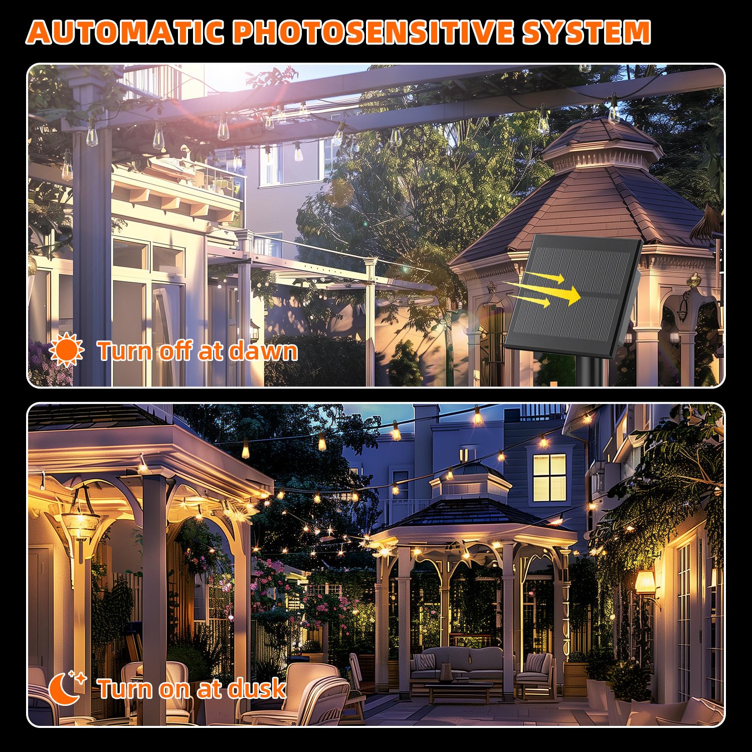 Kawaya Solar Powered String Lights, 50FT, 25+2 Edison Bulbs, USB-Charging, IP65 Waterproof, Black, Model YAST38-50FT