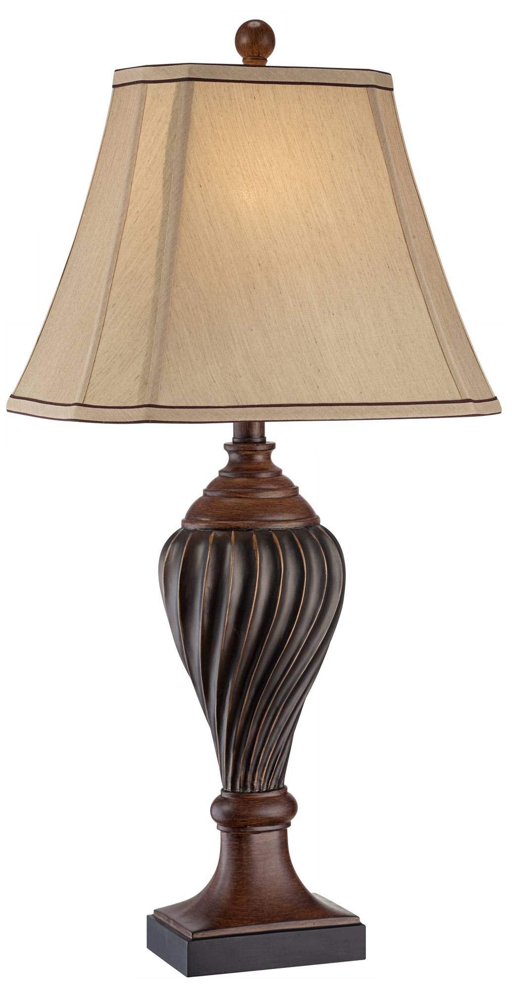 Regency Hill Traditional Style Table Lamp 28.5 Tall Carved Two Tone Brown Urn Shaped Ball Beige Fabric Rectangular Shade for Liv