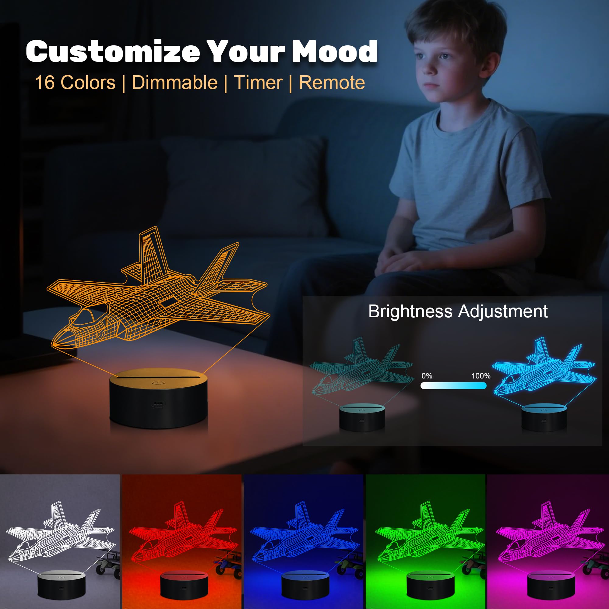 Fighter Jet Night Light  Air  Jet Gifts War Thunder 3D Illusion Lamp With With Remote Control 3D   Illusion Lamp For Room Decor  Gifts For Birthday Xmax Entry Graduation For Men Boy Kids