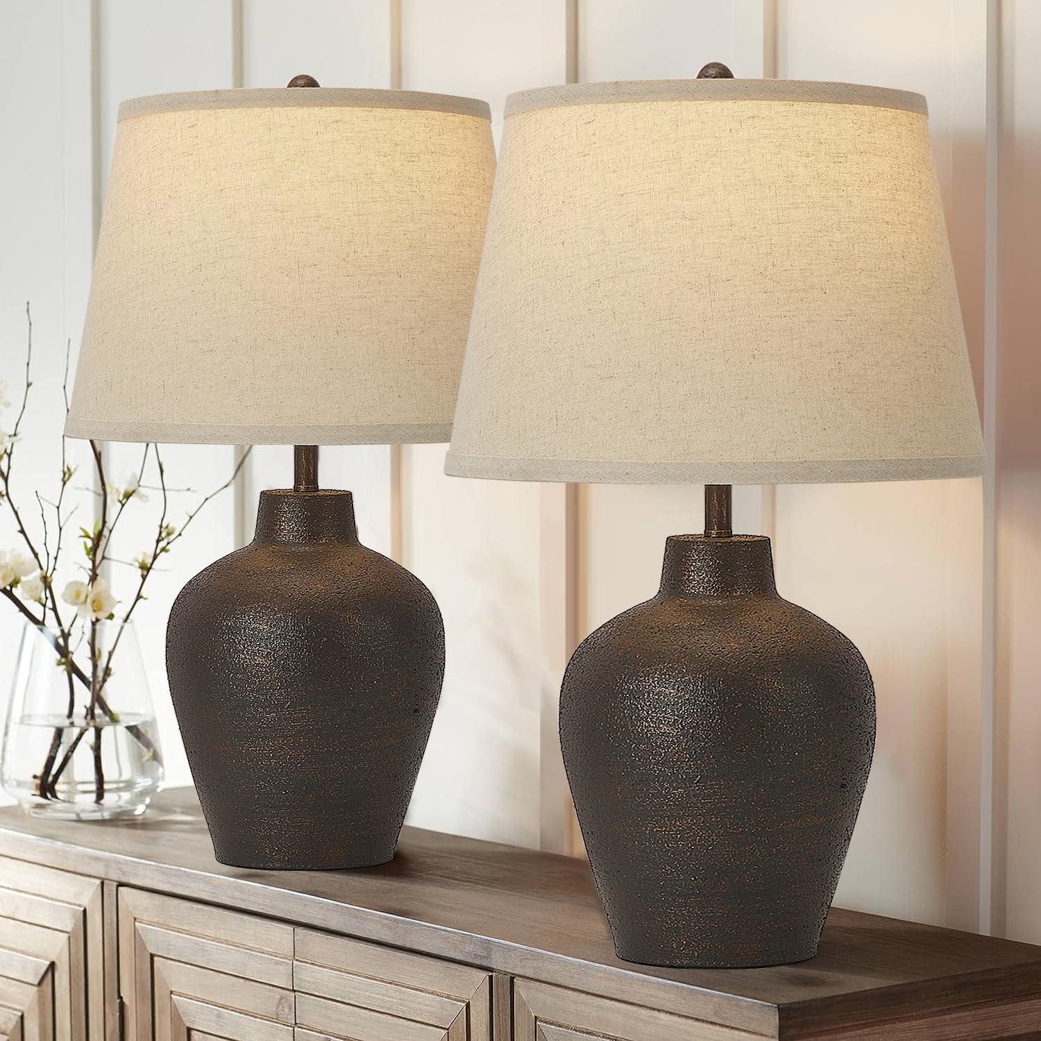 BrightWe Farmhouse Rustic Table Lamps Set of 2, 21in Tall, Dark Brown Terracotta, Metal, Home Decor for Bedroom and Living Room