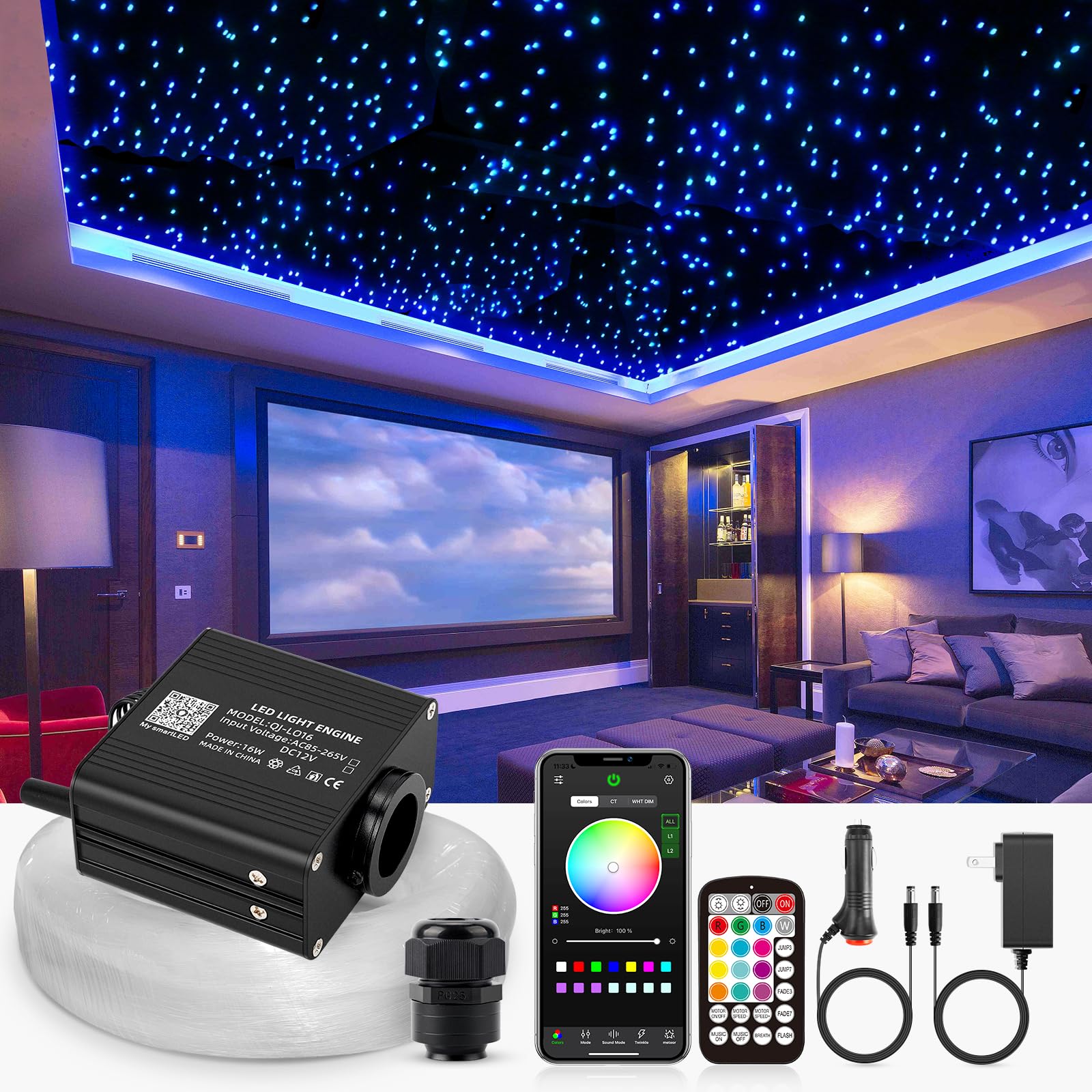 SUNKENET 16W Twinkle Starlight Headliner Kit, 570pcs of (0.03+0.04+0.06in)*9.8ft Fiber Optic Strands Bluetooth APP/Remote/Music 