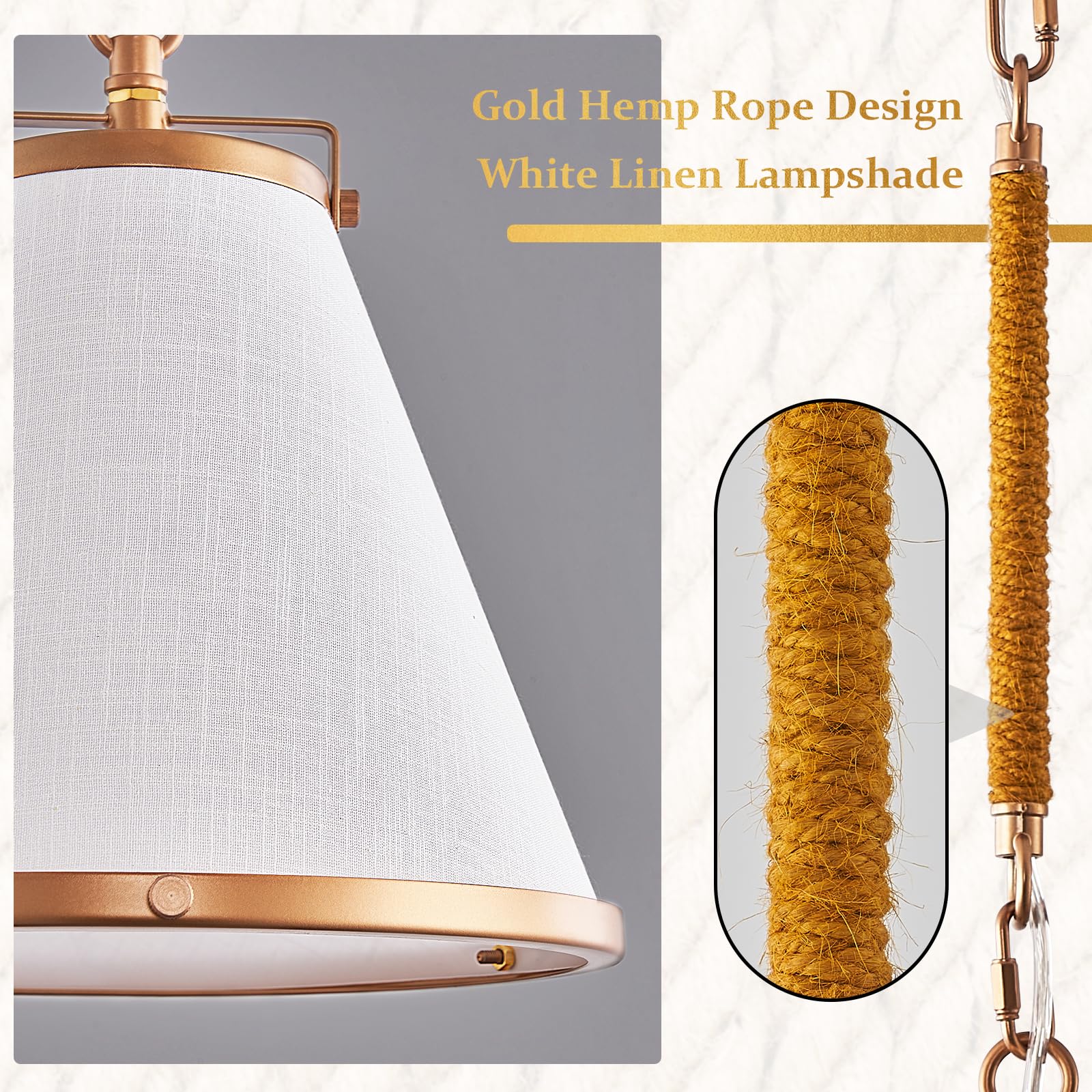 FookChak Vintage Brass Pendant Light - 10" Linen Shade, Copper & Hemp Rope, Modern Farmhouse Lighting for Kitchen & Dining Room
