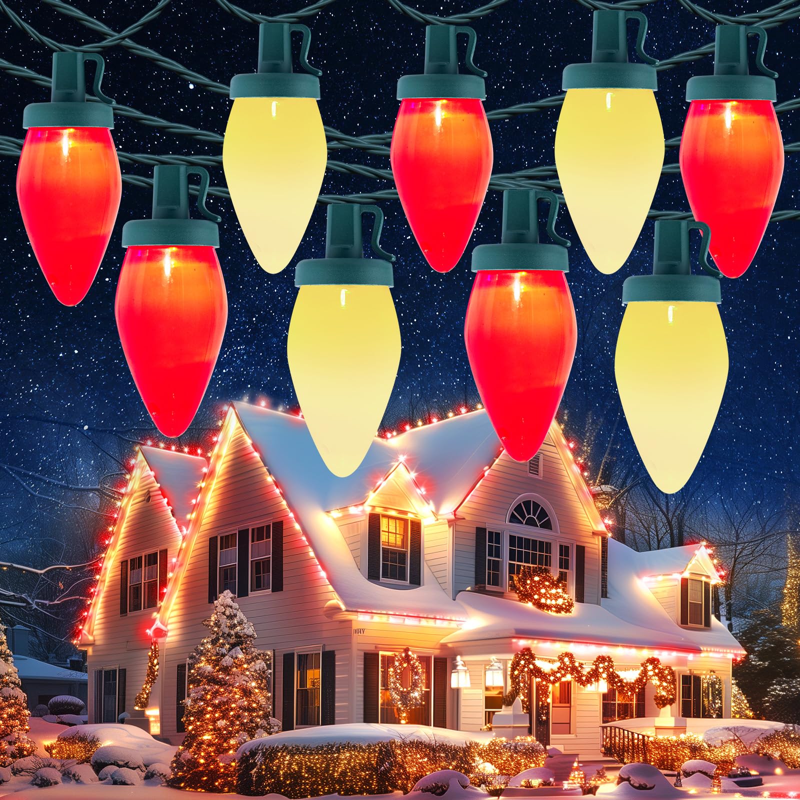 Moonflor Vintage C9 Led Christmas Lights Outdoor  50 Feet C9 String Lights For Christmas Tree Roofline Holiday Party Indoor Outdoor Garden Patio Backyard Cafe Xmas Decor  Green Wire(Red & Warm White)