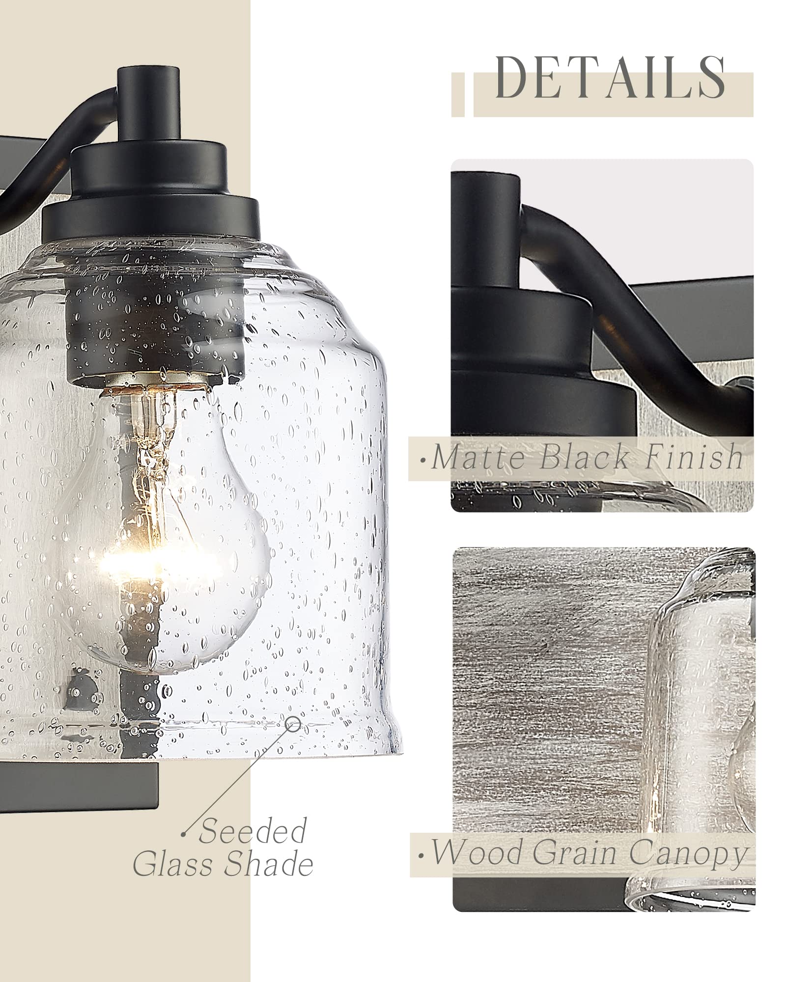 31.5" Large Farmhouse Bathroom Vanity Light,Handmade Grey Wood Vanity Light With Bubble Glass Shades,4-Light Rustic Wall Sconce Lighting Fixtures Over Mirror, Bd005-4-Bk