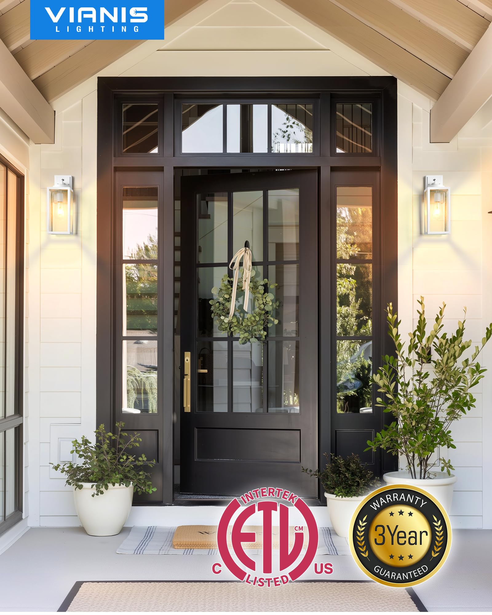 Vianis Dusk To Dawn Outdoor Lighting, 2-Pack Large Size White Exterior Light Fixtures With Tempered Seed Glass, Waterproof Outdo