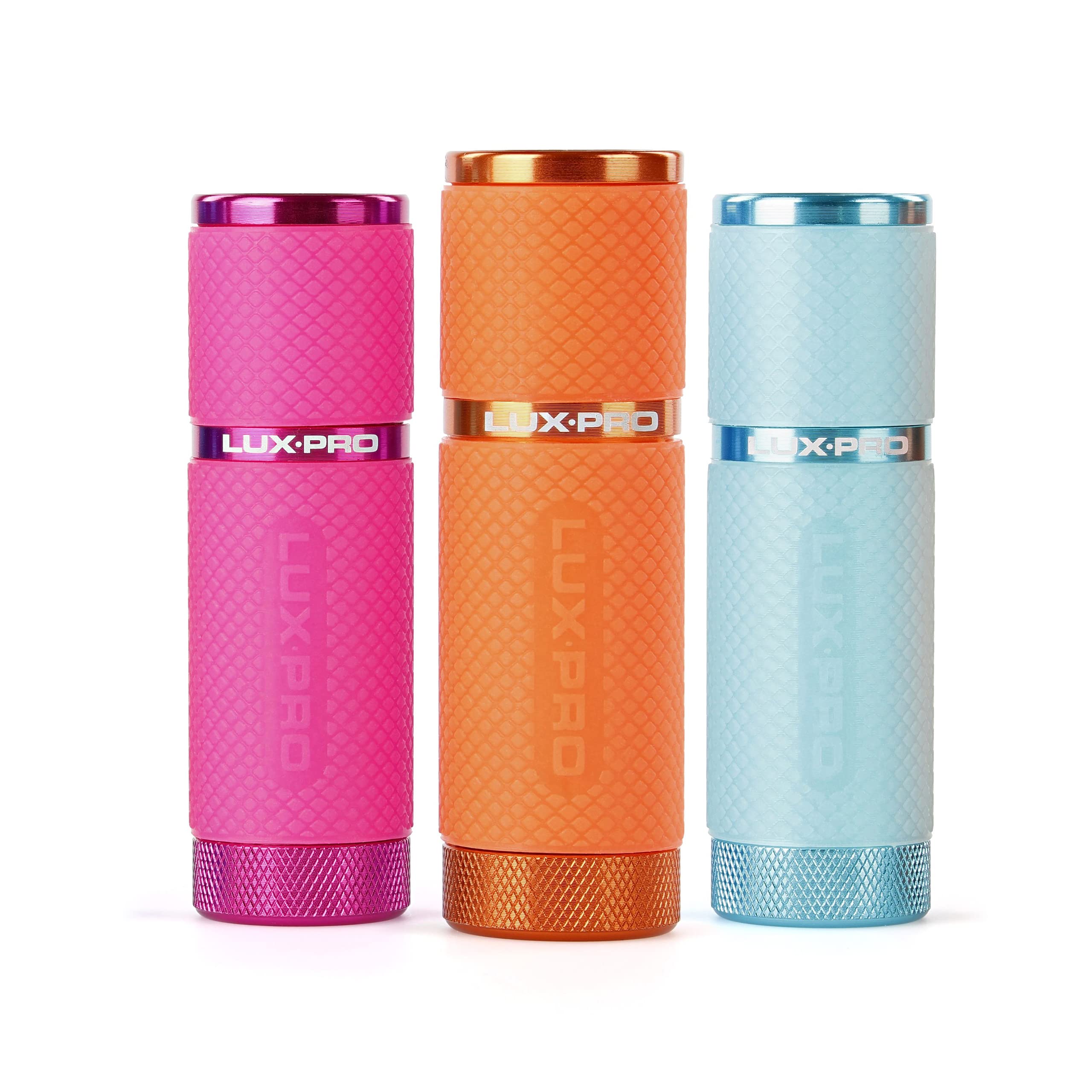 LUXPRO LED Flashlight Pack of 3 - 40 Lumen, Glow-in-The-Dark Grip, Batteries Included - Pink, Orange, Teal