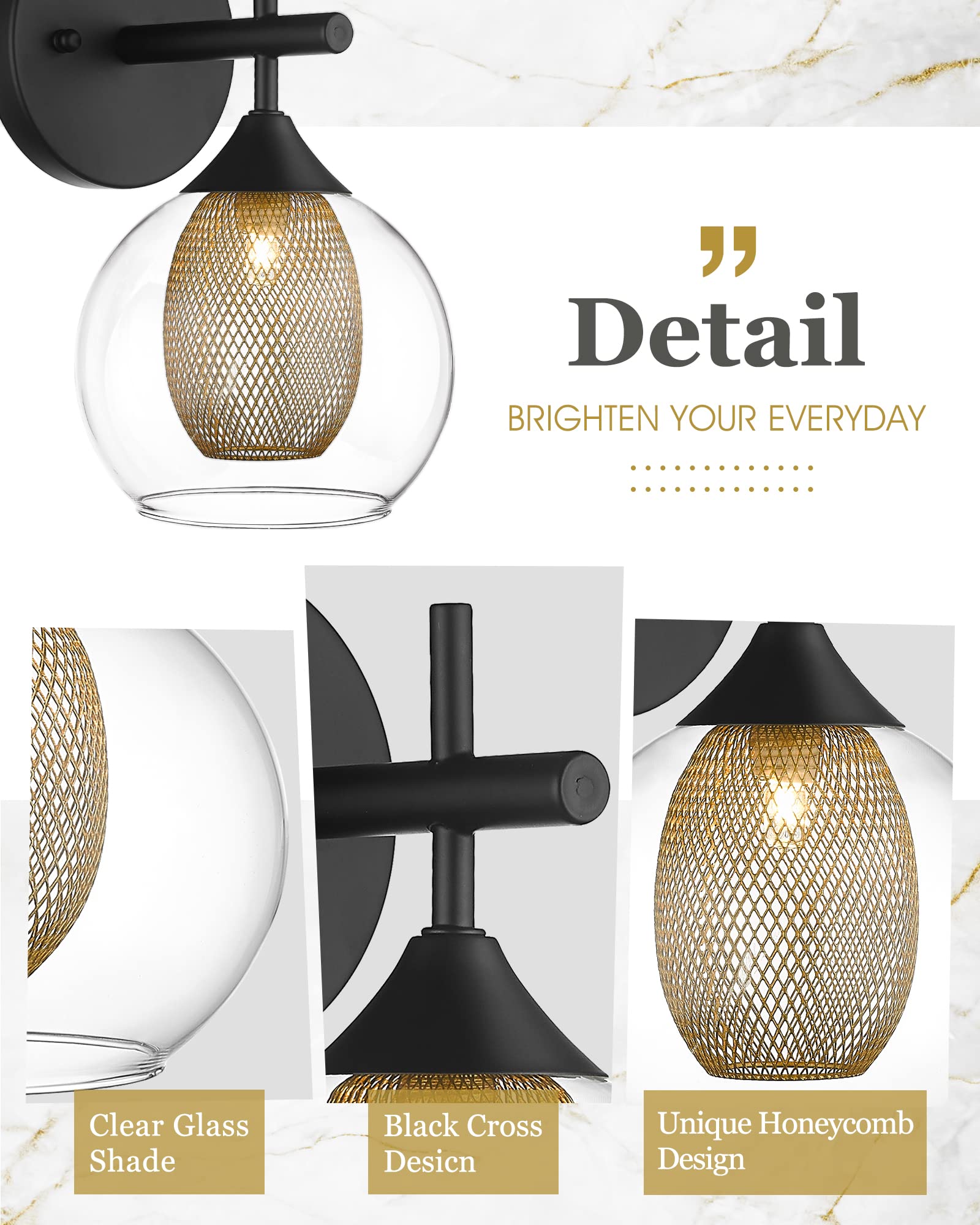 Audickic Black Wall Sconce Set Of 2, Bathroom Vanity Light Fixture With Clear Glass And Honeycomb Metal Shade, Sconces Wall Ligh