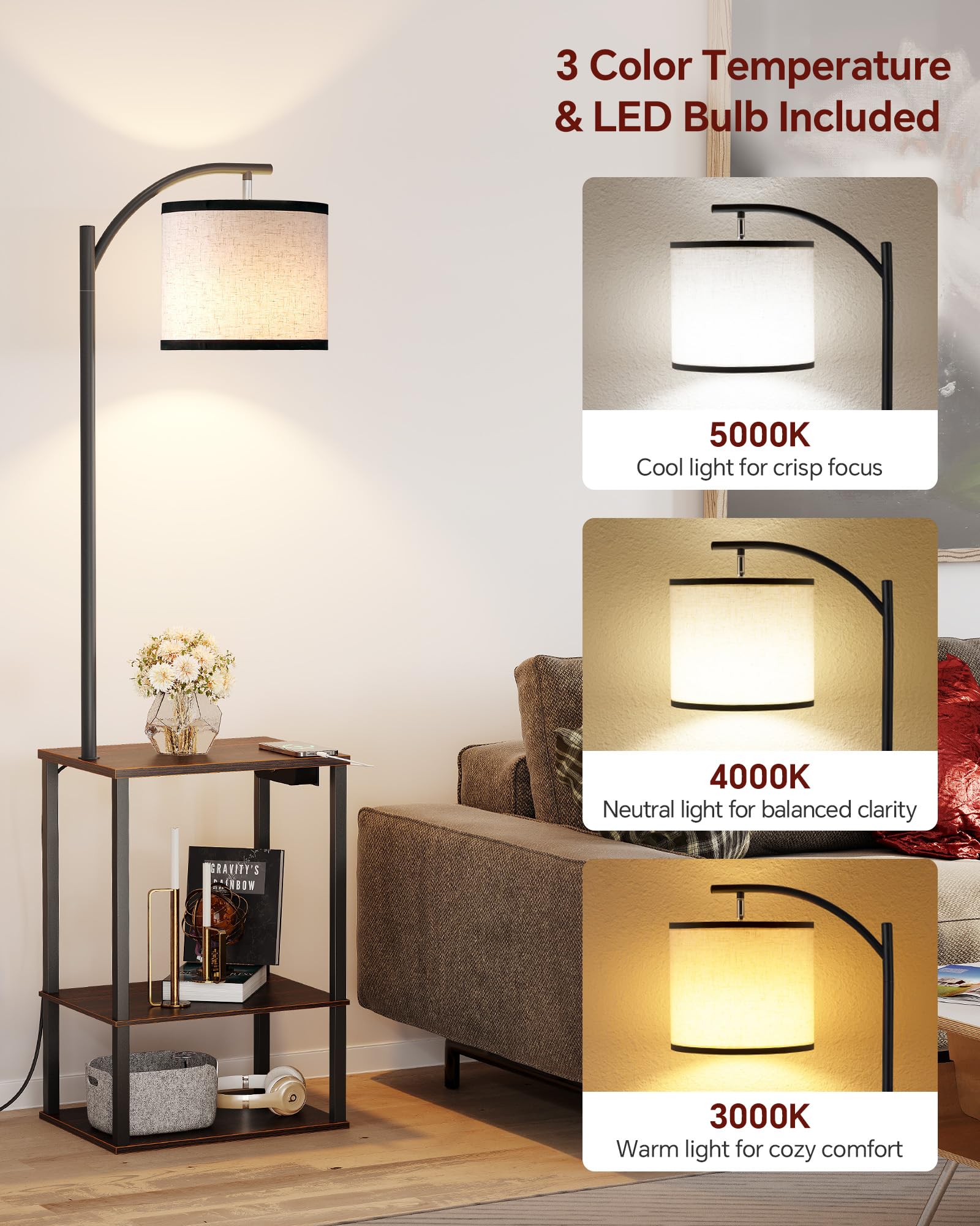 SUNMORY Floor Lamp with Table, Rustic End Table Lamp, Charging Station, 3-Color LED Bulb, Walnut Brown Wood