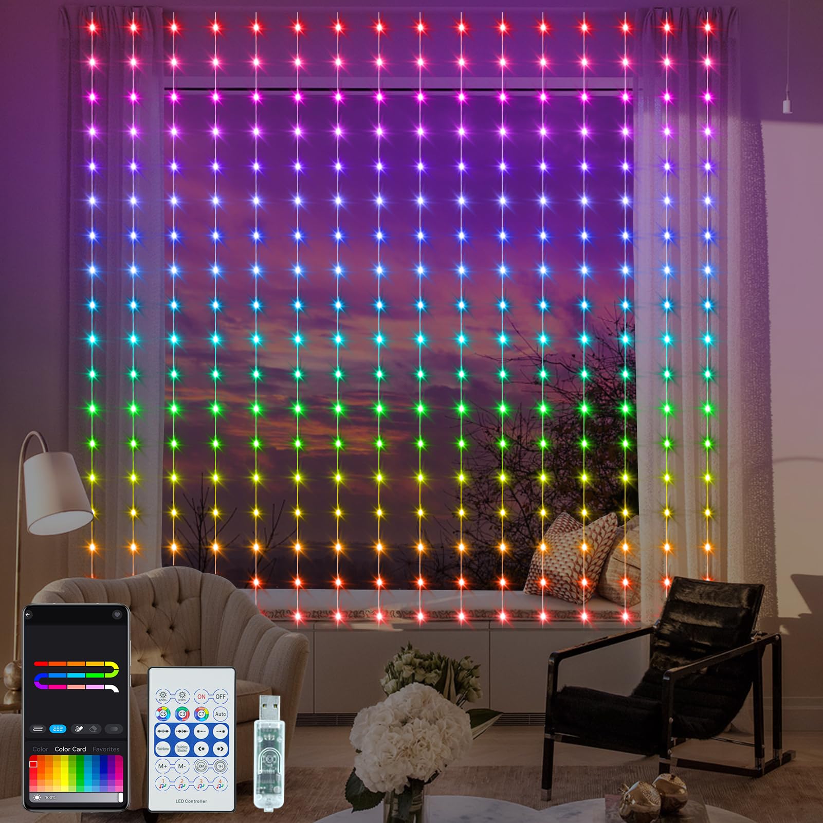 LumBelle Smart Curtain Lights RGB 5050 Built in Chip, Color Changing Curtain Lights with Music Sync APP Remote Control, 8Ft x 6F