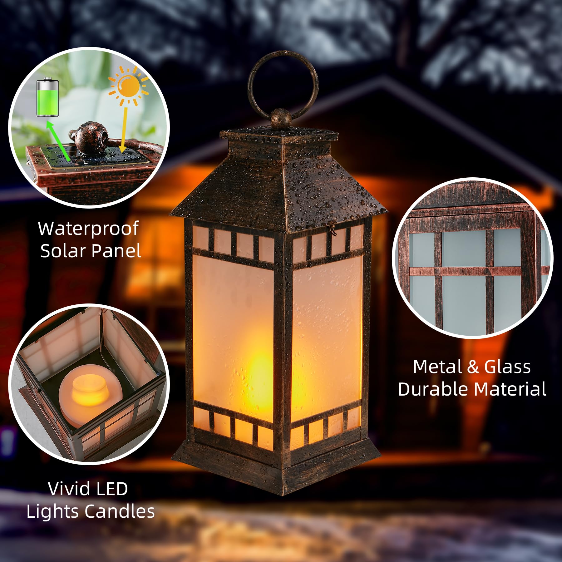 18'' Glass Solar Lantern Outdoor Waterproof, Large Hanging Solar Lanterns With Flickering Flame Lights, Metal Outdoor Lantern De