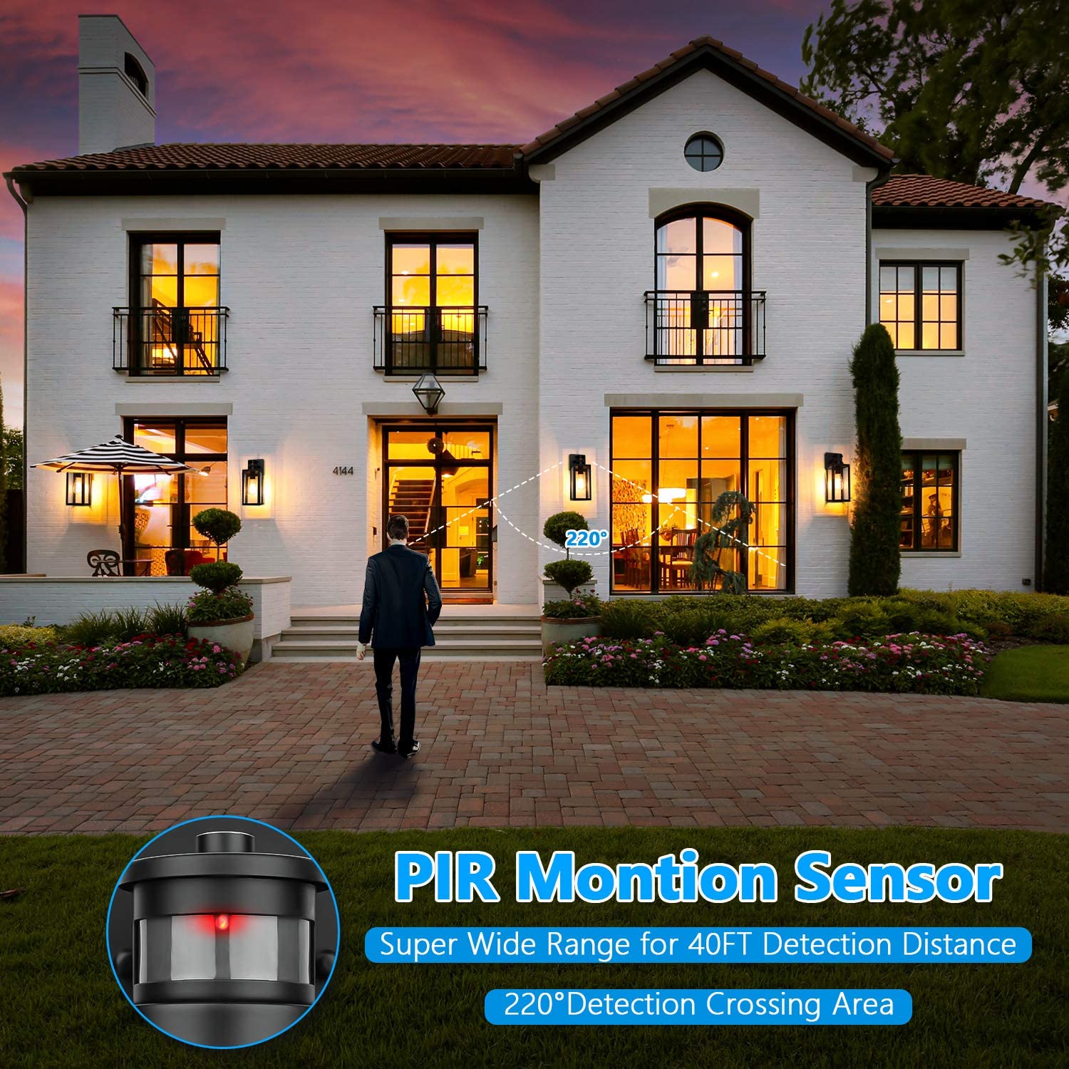 Lakumu 2-Pack Motion Sensor Outdoor Wall Lanterns, Waterproof Sconce with Seeded Glass, E26 Socket, Black/Clear, Model B05023PG(2PK)