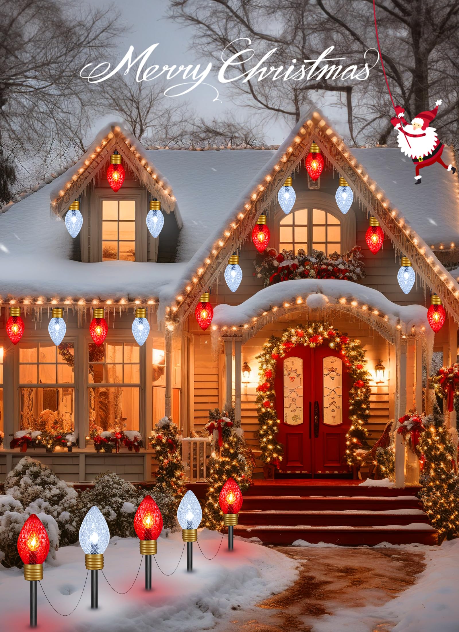 Moonflor Strawberry Jumbo C9 Christmas Lights Outdoor - 2 Pack Total 17Ft 10 Led Jumbo C9 Christmas Pathway Lights Outdoor, C9 Walkway Lights, Christmas Decoration For Outside Lawn, Red & Pure White