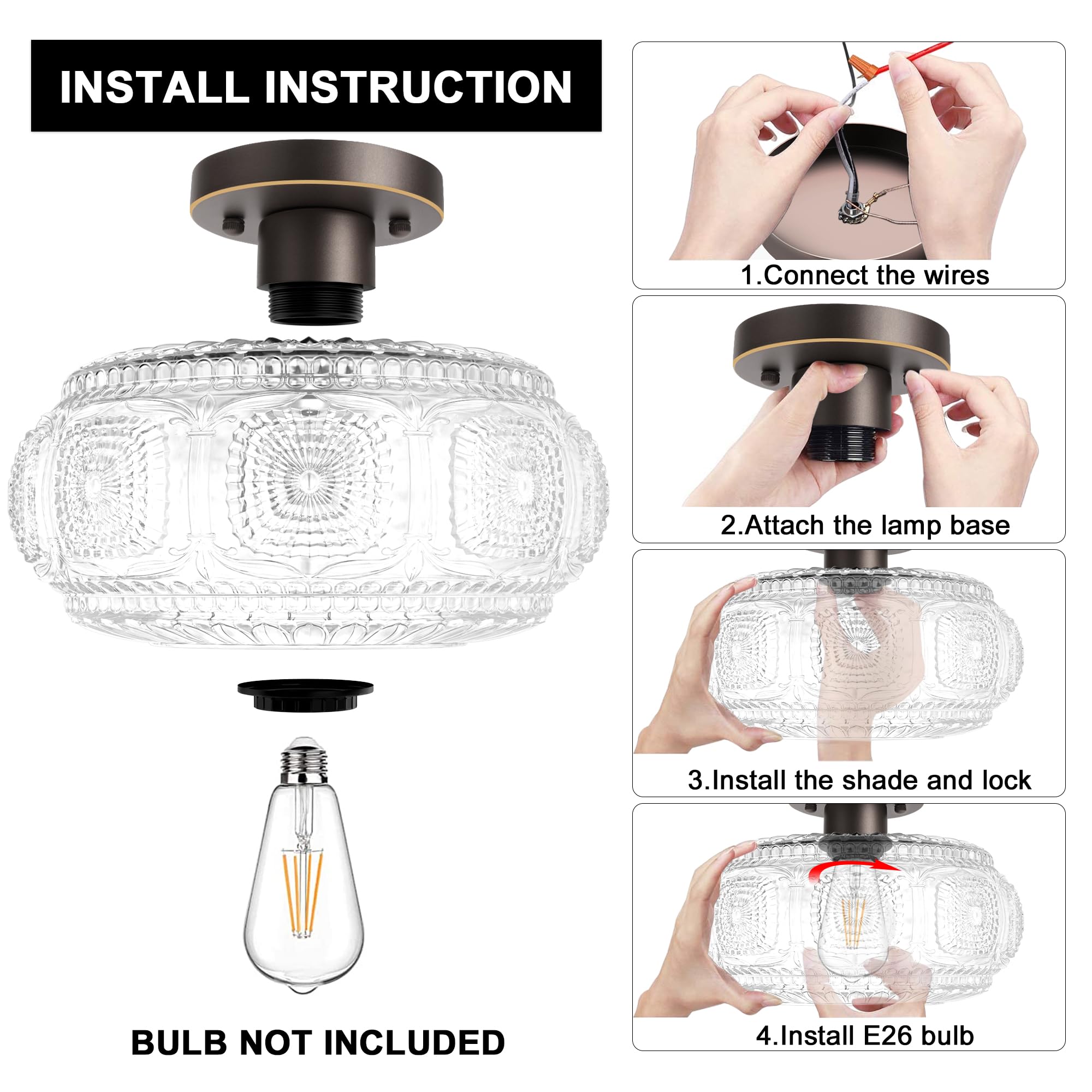 Oykyohei Semi Flush Mount Ceiling Light, Upgraded Larger Bronze Glass Ceiling Light Fixture, Vintage Lighting For Hallway Kitche